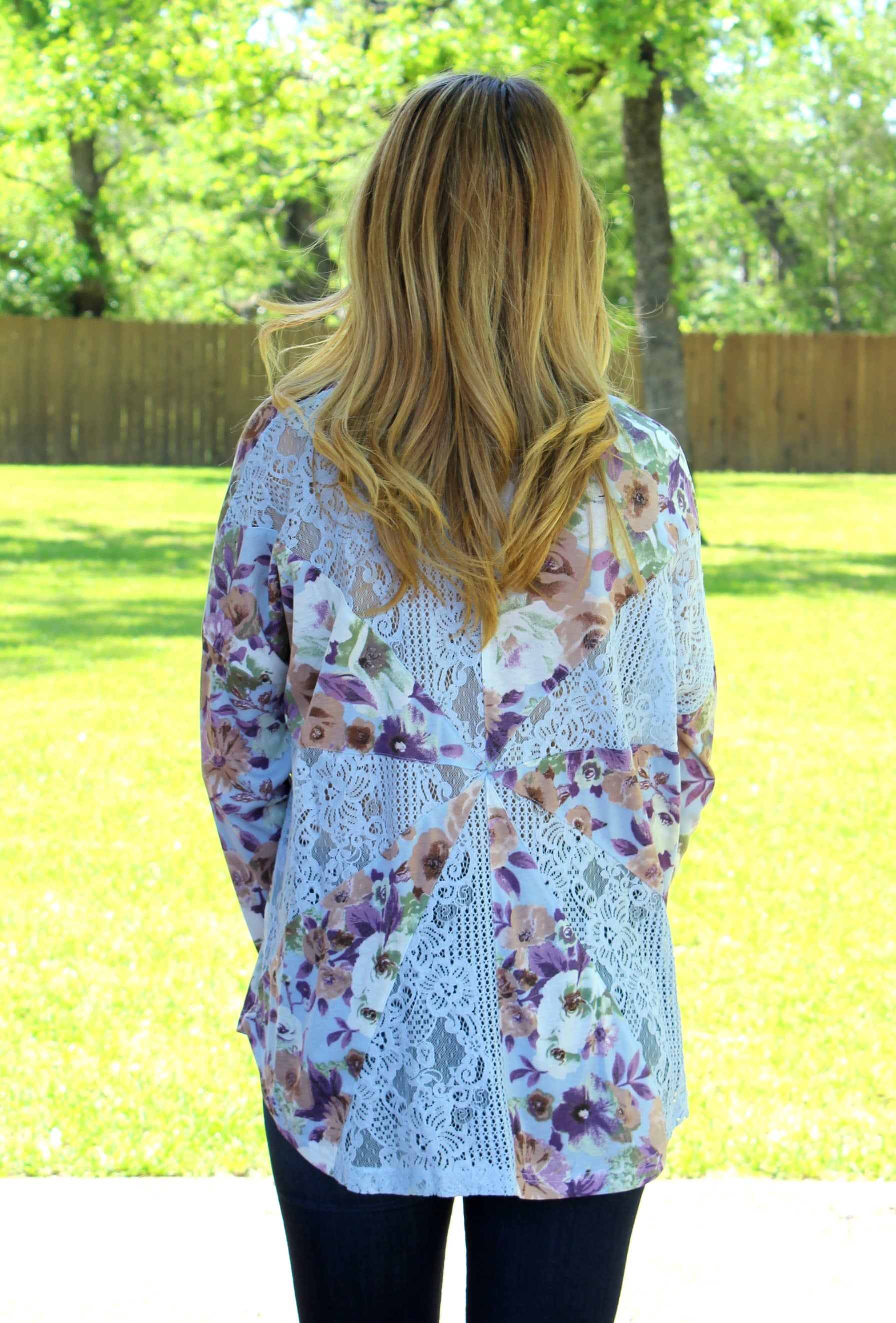 Last Chance Size Small | One Sweet Day Floral Piko Top with Lace Panel Back in Powder Blue and Lavender - Giddy Up Glamour Boutique