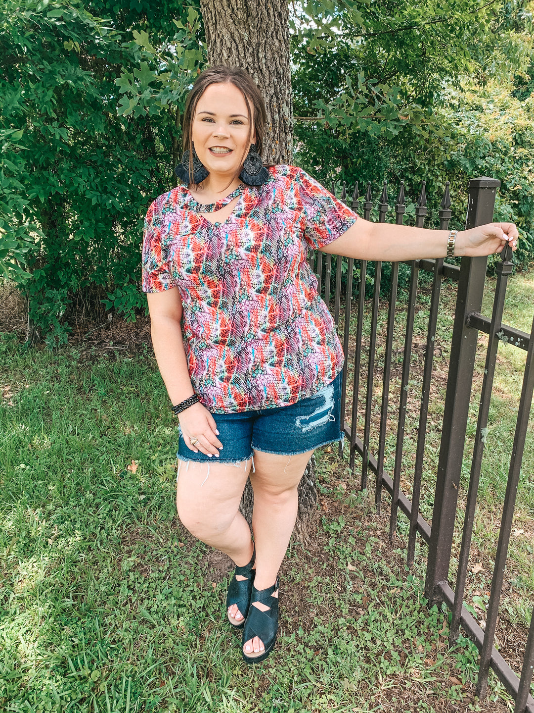 She's So Sneaky Snakeskin Top with Keyhole in Magenta Multi - Giddy Up Glamour Boutique