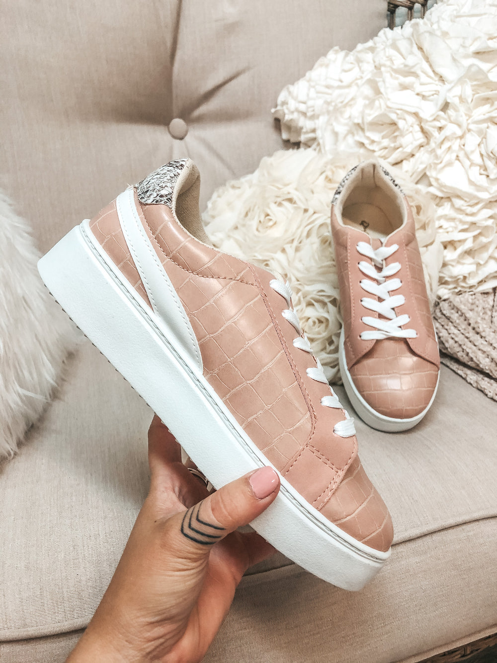 Can't Stay Away Crocodile Sneakers with Snakeskin Heel Patch in Blush Nude - Giddy Up Glamour Boutique