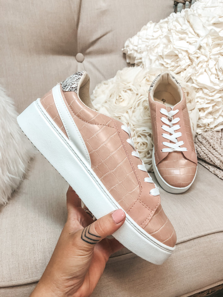 Can't Stay Away Crocodile Sneakers with Snakeskin Heel Patch in Blush Nude - Giddy Up Glamour Boutique