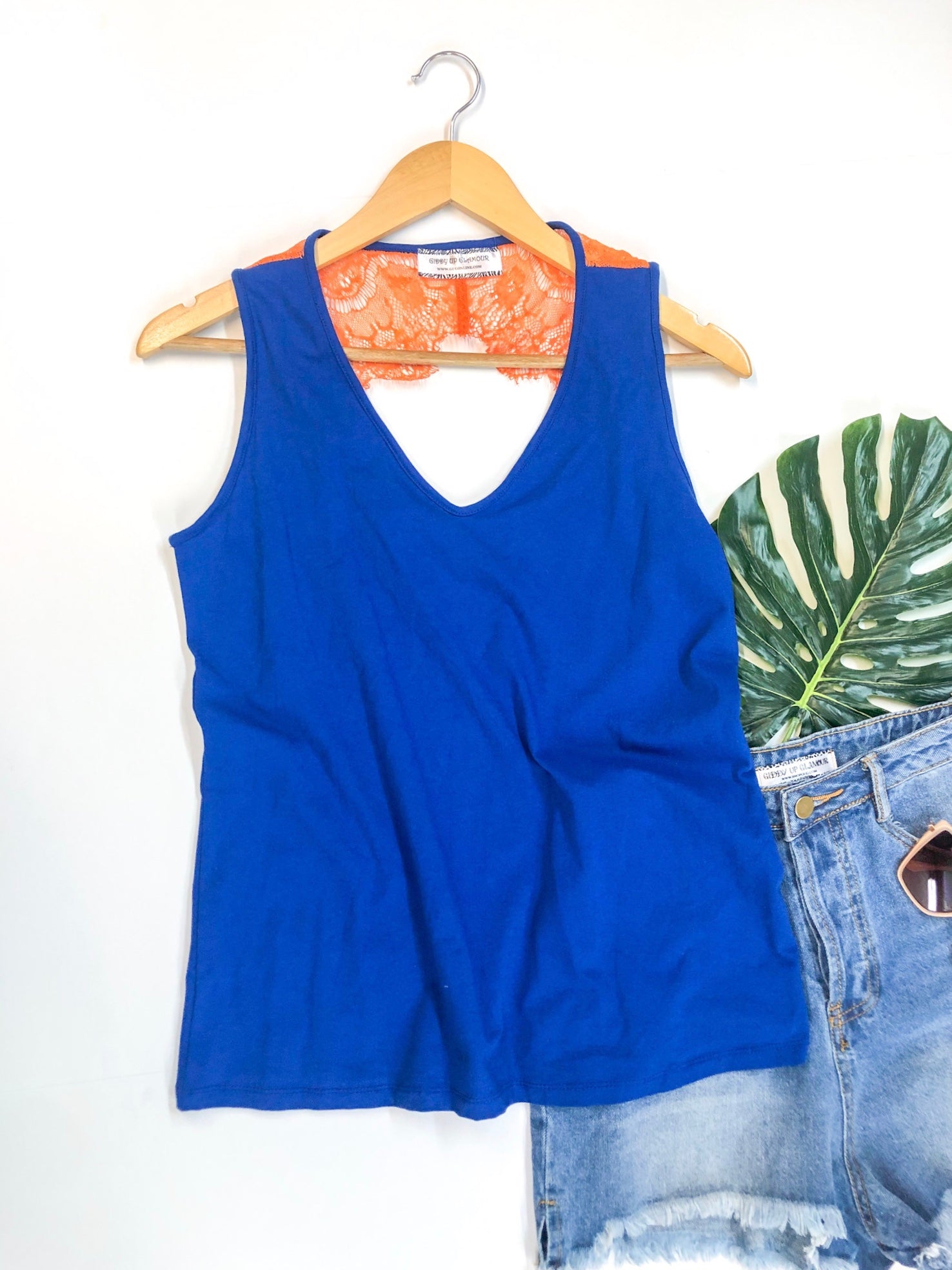 Last Chance Size Small | Open Back Tank Top with Orange Lace Detailing in Royal Blue - Giddy Up Glamour Boutique