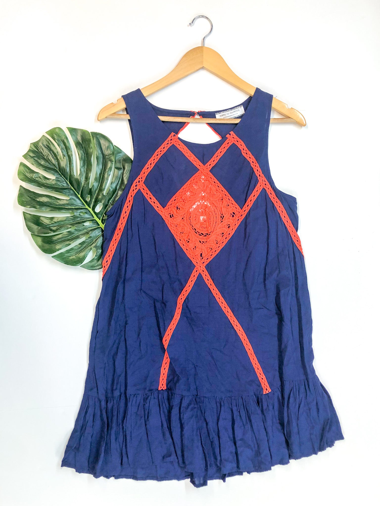 Last Chance Size Small | Ruffle Hem Tank Top Dress with Orange Crochet Detailing in Navy - Giddy Up Glamour Boutique