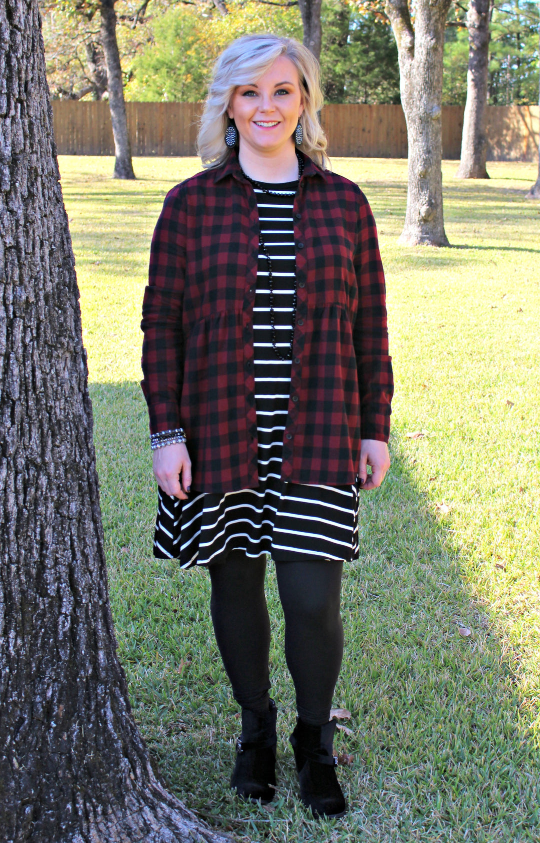 Seasonal Favorite Long Sleeve Peplum Plaid Shirt in Maroon - Giddy Up Glamour Boutique