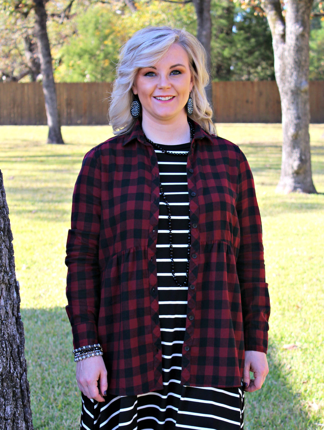 Seasonal Favorite Long Sleeve Peplum Plaid Shirt in Maroon - Giddy Up Glamour Boutique