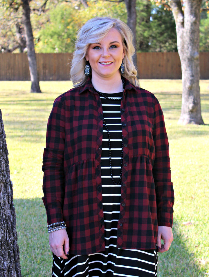 Seasonal Favorite Long Sleeve Peplum Plaid Shirt in Maroon - Giddy Up Glamour Boutique
