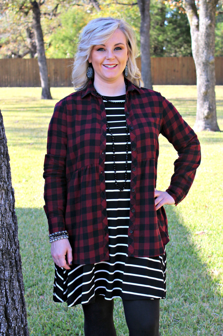 Seasonal Favorite Long Sleeve Peplum Plaid Shirt in Maroon - Giddy Up Glamour Boutique