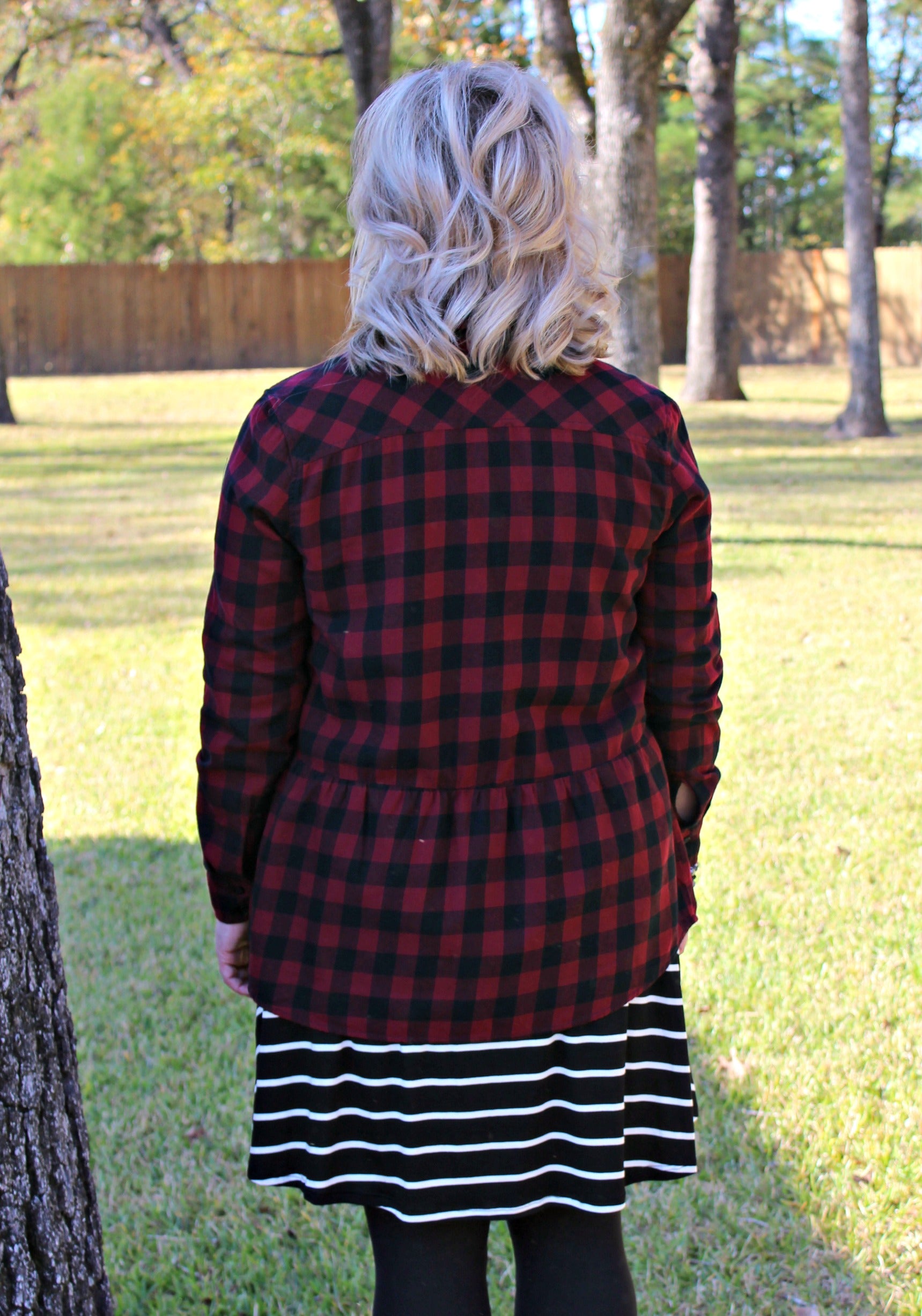 Seasonal Favorite Long Sleeve Peplum Plaid Shirt in Maroon