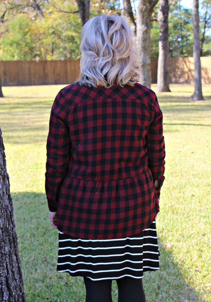 Seasonal Favorite Long Sleeve Peplum Plaid Shirt in Maroon - Giddy Up Glamour Boutique