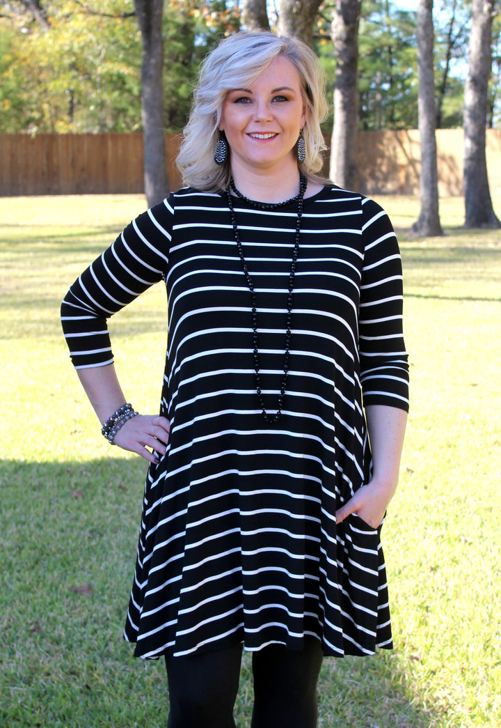 All The Stripe A Line Tunic Dress in Black - Giddy Up Glamour Boutique