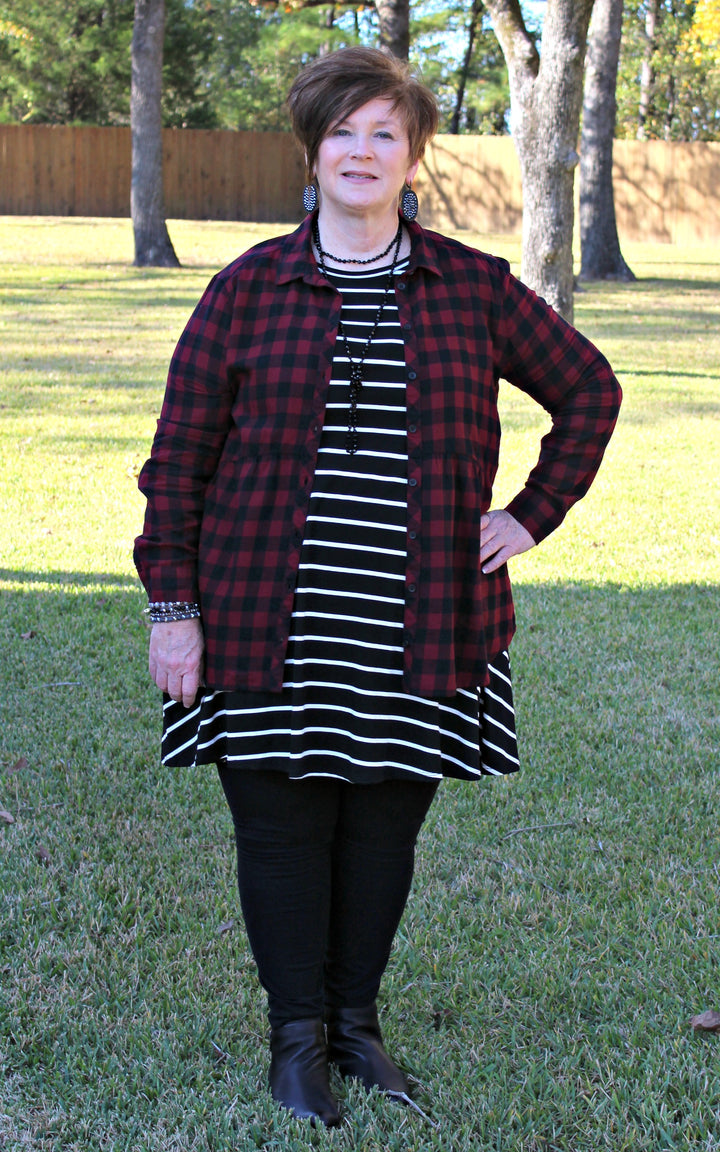 Seasonal Favorite Long Sleeve Peplum Plaid Shirt in Maroon - Giddy Up Glamour Boutique