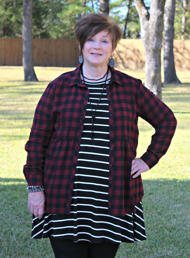 Seasonal Favorite Long Sleeve Peplum Plaid Shirt in Maroon - Giddy Up Glamour Boutique