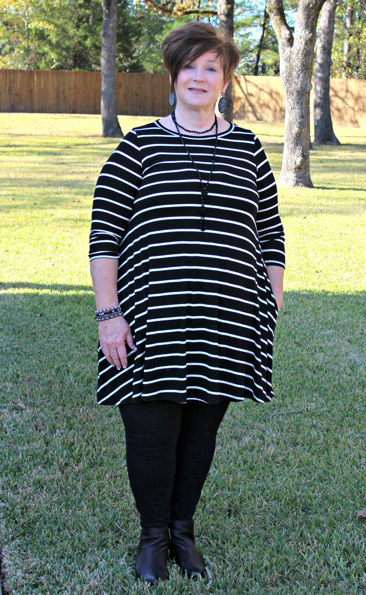 All The Stripe A Line Tunic Dress in Black - Giddy Up Glamour Boutique