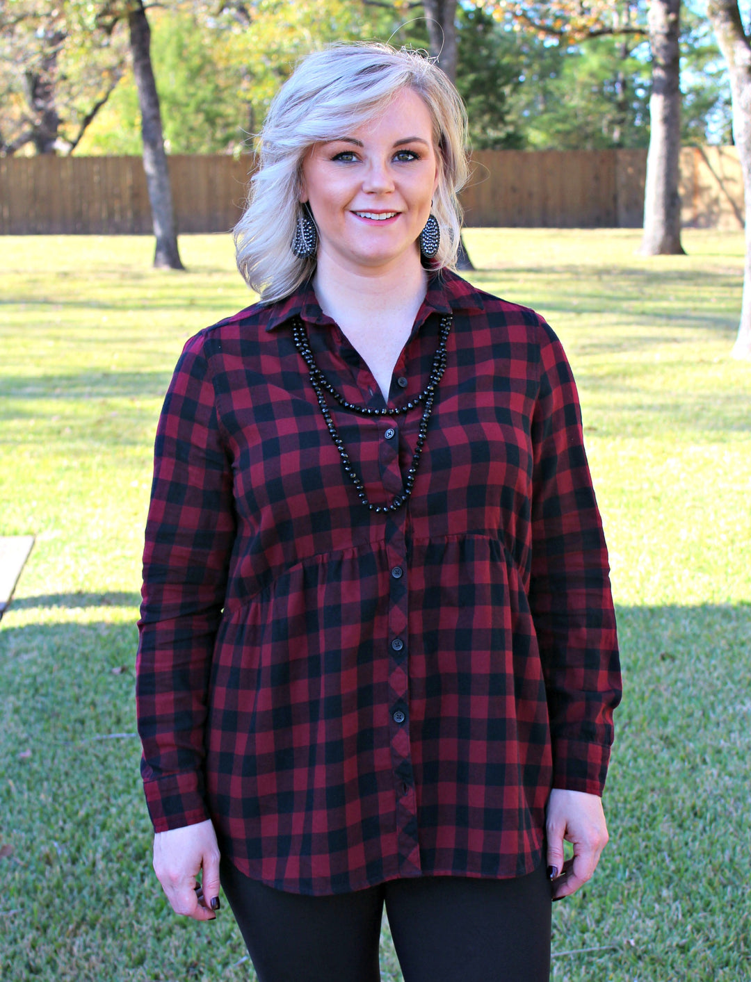 Seasonal Favorite Long Sleeve Peplum Plaid Shirt in Maroon - Giddy Up Glamour Boutique