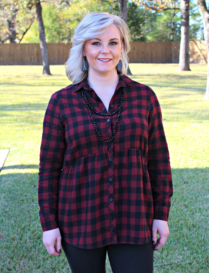 Seasonal Favorite Long Sleeve Peplum Plaid Shirt in Maroon - Giddy Up Glamour Boutique
