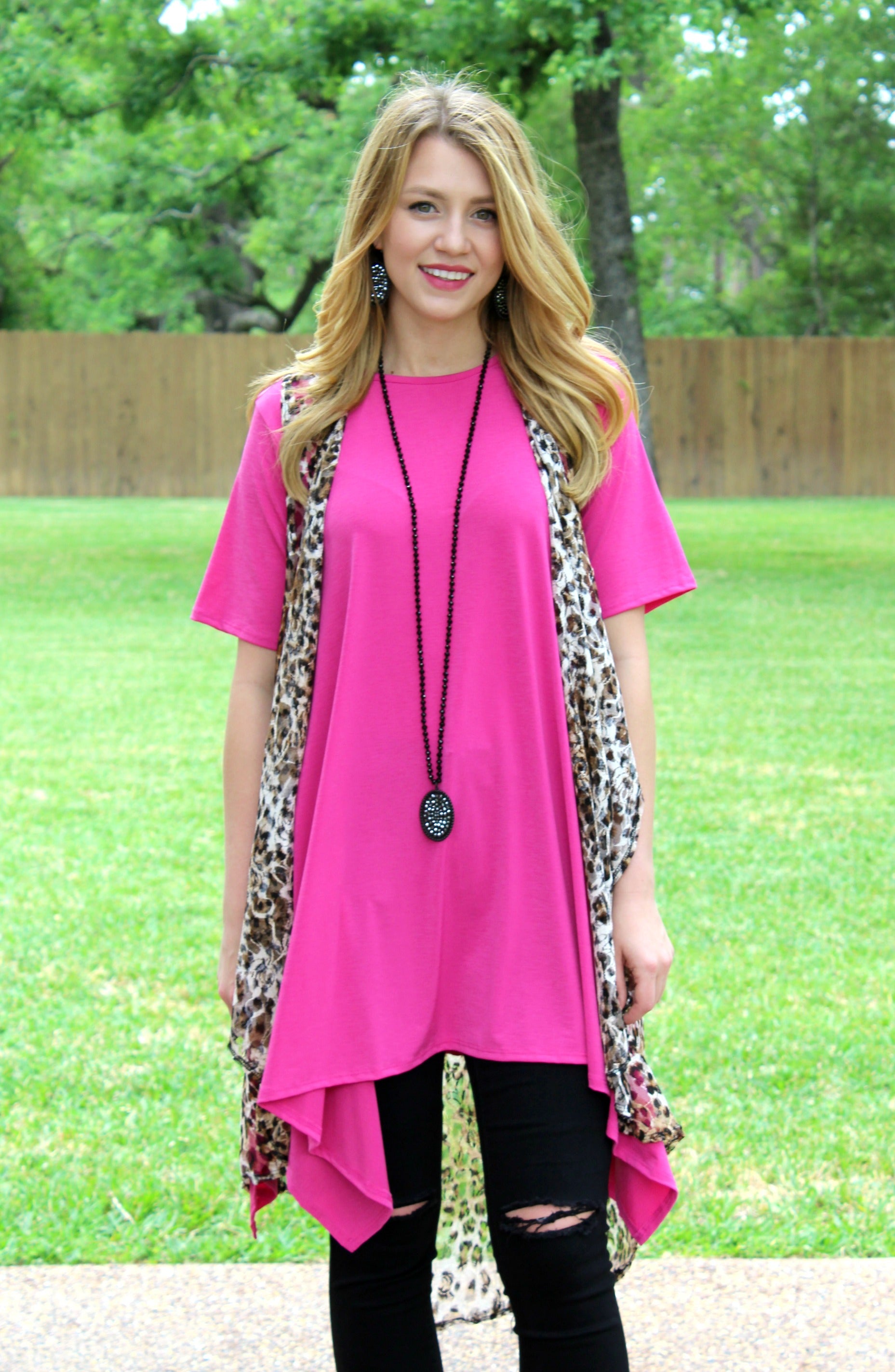 Last Chance Size S & M | Not A Doubt Asymmetrical Hemline Tunic in Hot Pink - Giddy Up Glamour Boutique