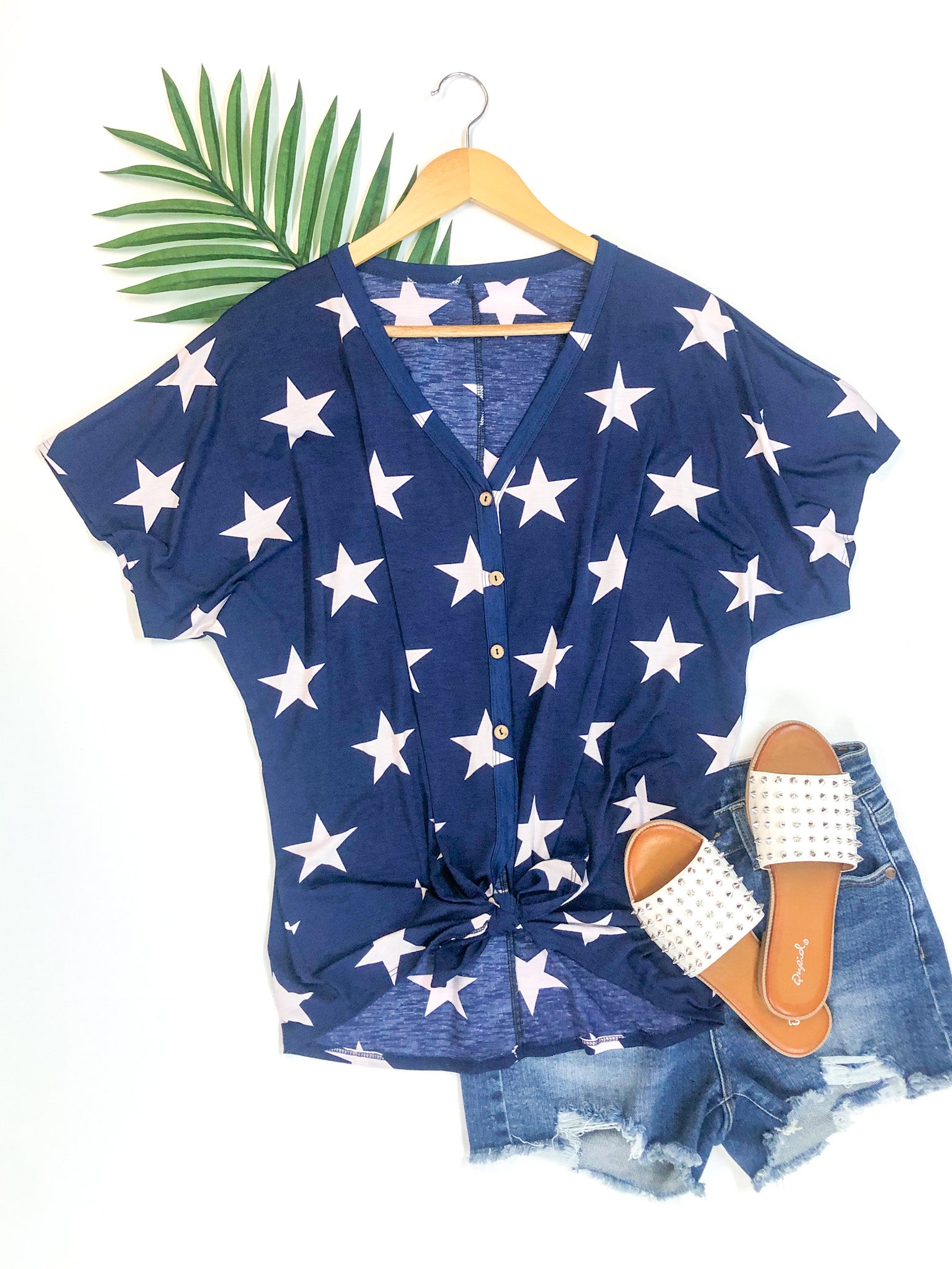 Short Sleeve Button Up Star Shirt with Front Tie in Navy