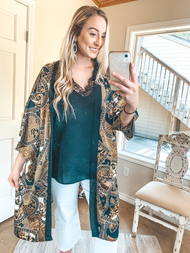 One Sure Way Baroque Print Kimono in Black and Gold - Giddy Up Glamour Boutique