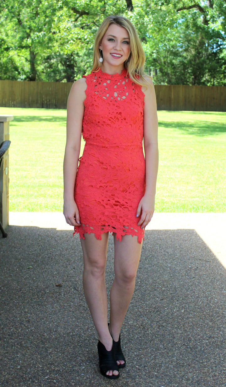 Last Chance Size Large | Quick To Stare Crochet Dress in Coral - Giddy Up Glamour Boutique