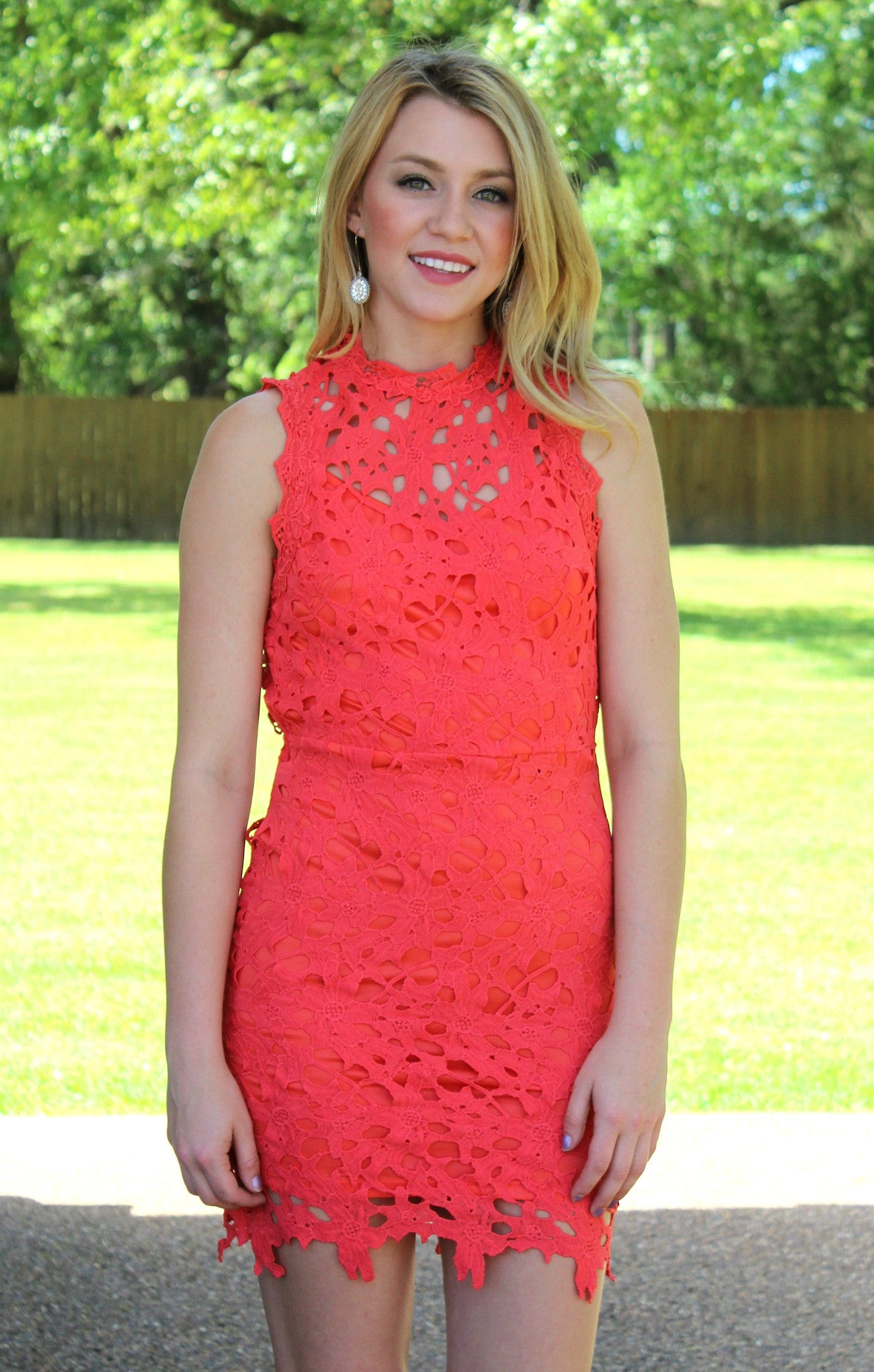 Last Chance Size Large | Quick To Stare Crochet Dress in Coral - Giddy Up Glamour Boutique