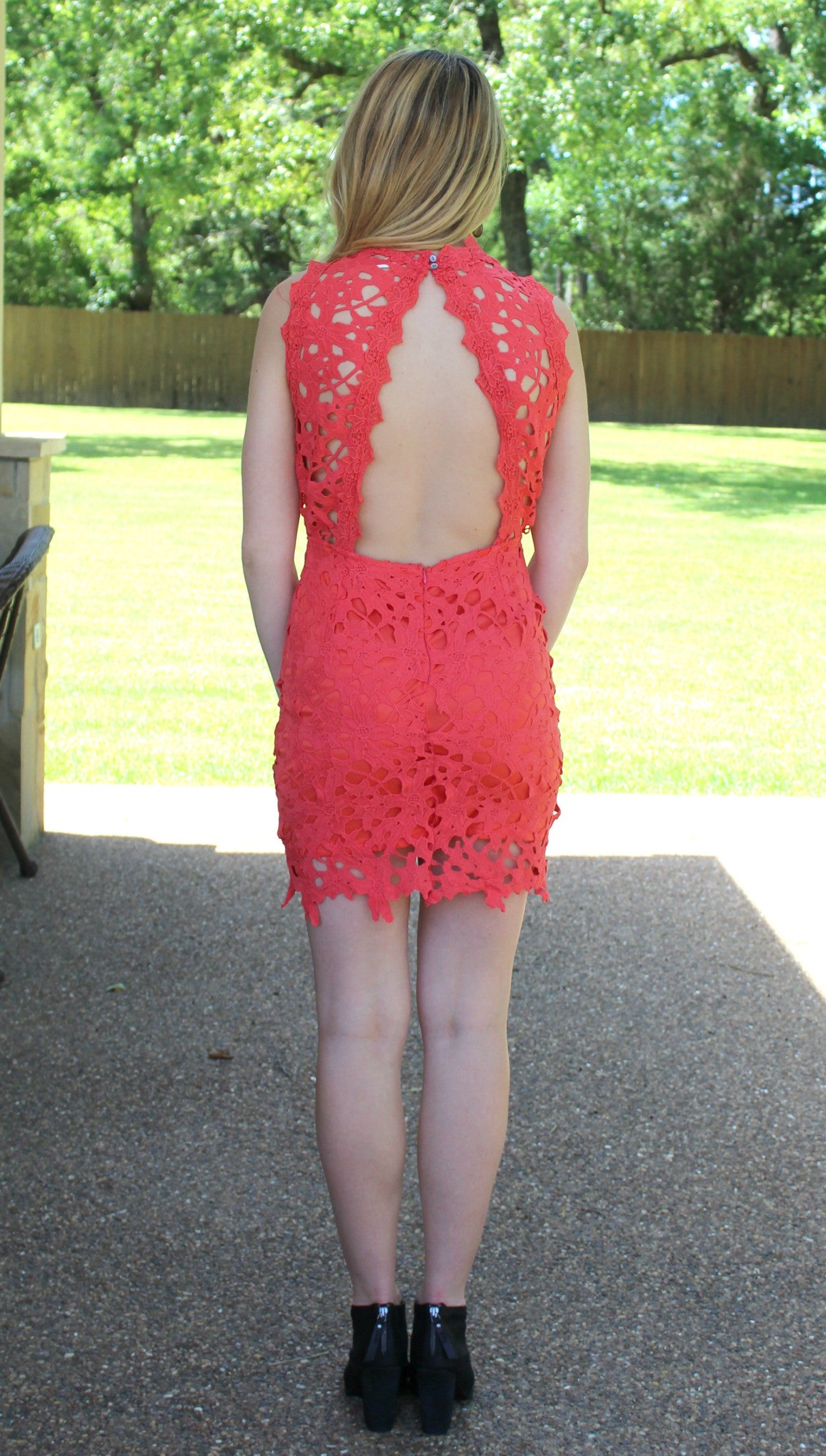 Last Chance Size Large | Quick To Stare Crochet Dress in Coral - Giddy Up Glamour Boutique
