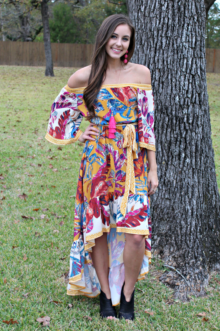 Last Chance Size Small & Med. | Hidden Paradise Palm Leaf Print Dress in Mustard - Giddy Up Glamour Boutique