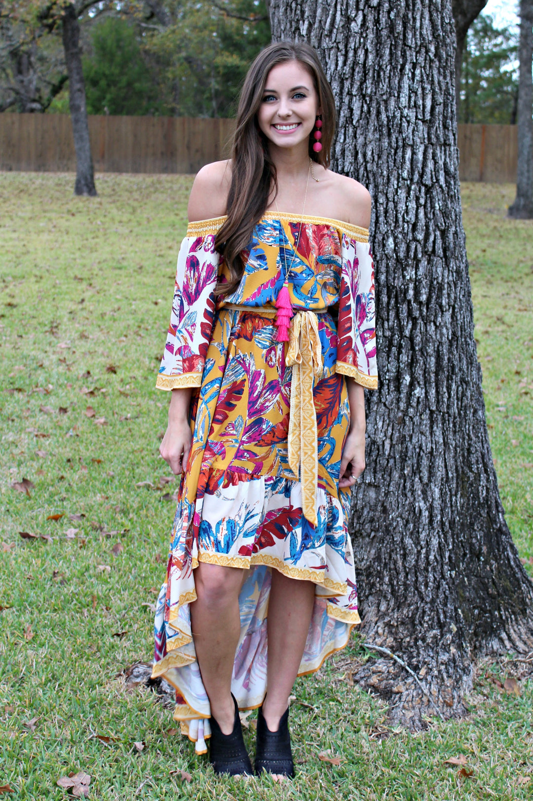 Last Chance Size Small & Med. | Hidden Paradise Palm Leaf Print Dress in Mustard - Giddy Up Glamour Boutique