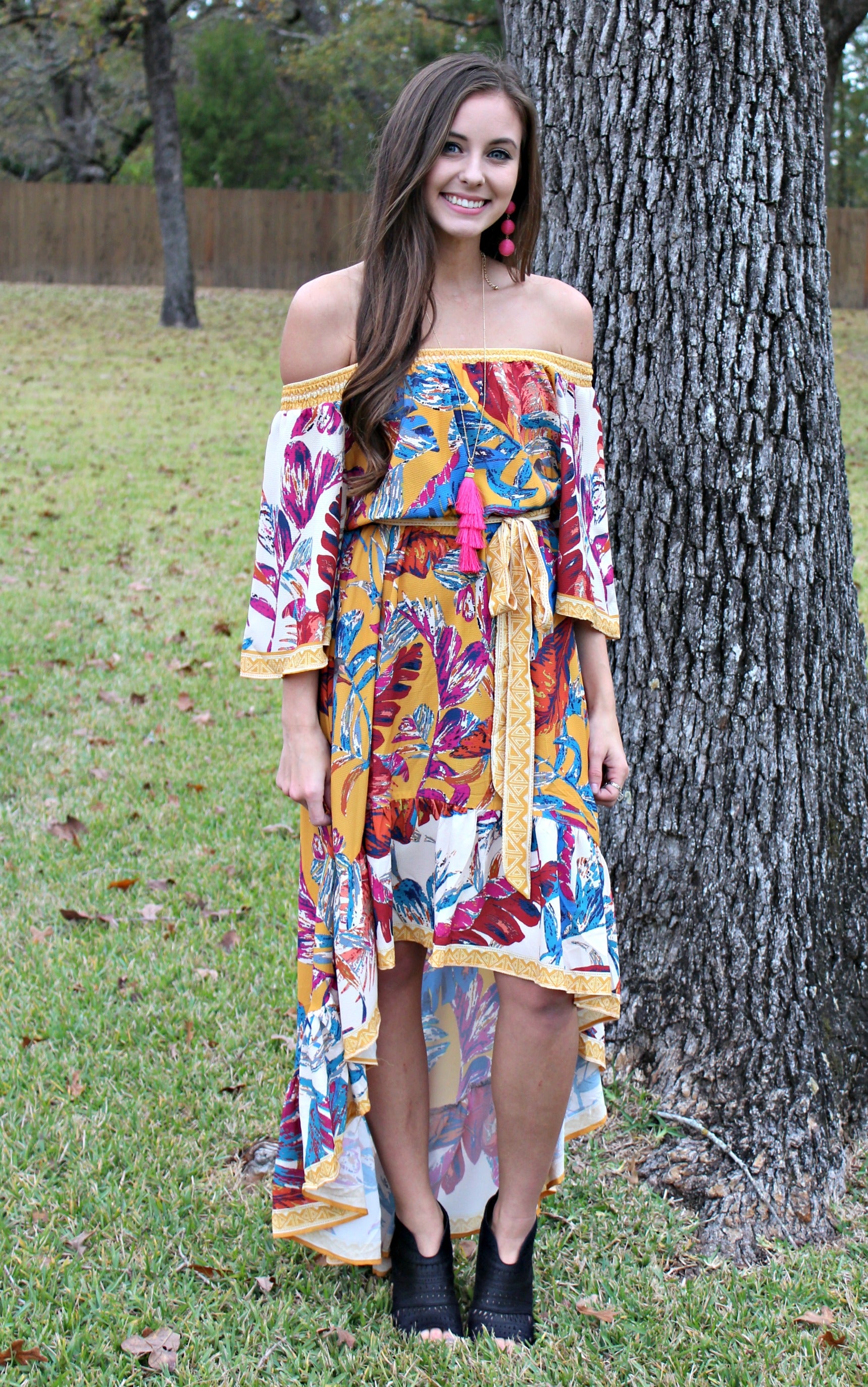 Last Chance Size Small & Med. | Hidden Paradise Palm Leaf Print Dress in Mustard - Giddy Up Glamour Boutique