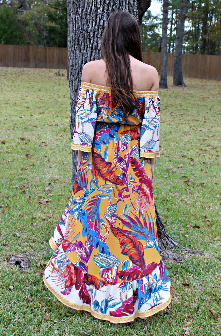 Last Chance Size Small & Med. | Hidden Paradise Palm Leaf Print Dress in Mustard - Giddy Up Glamour Boutique