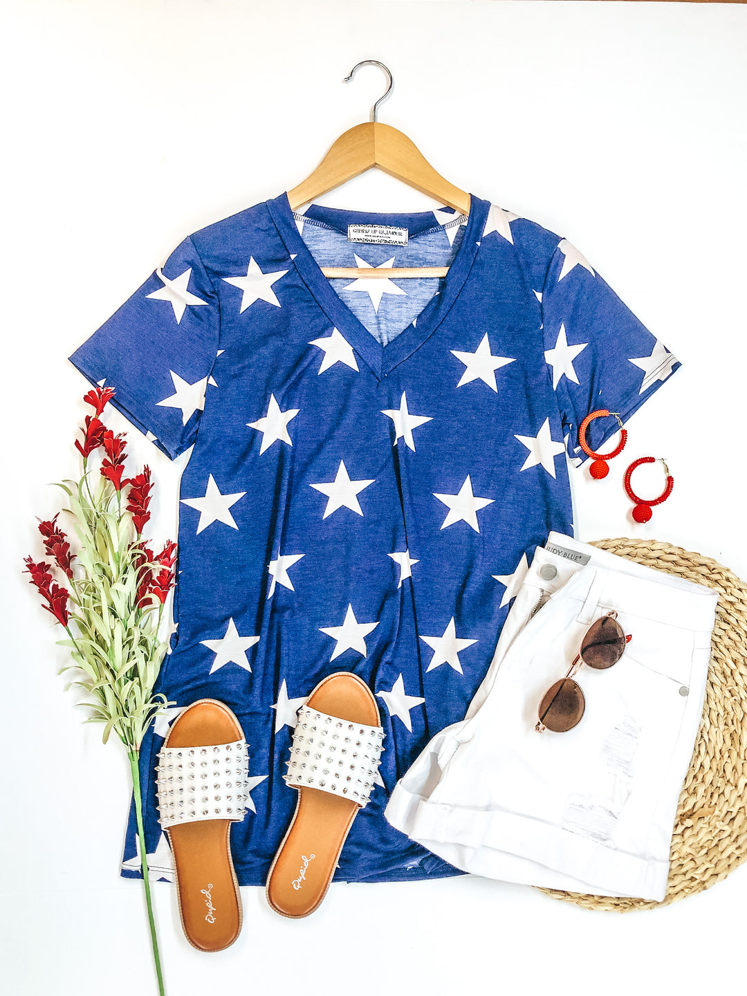 Last Chance Size S & M | Keep Things Simple Star Print V Neck Tee in Navy - Giddy Up Glamour Boutique