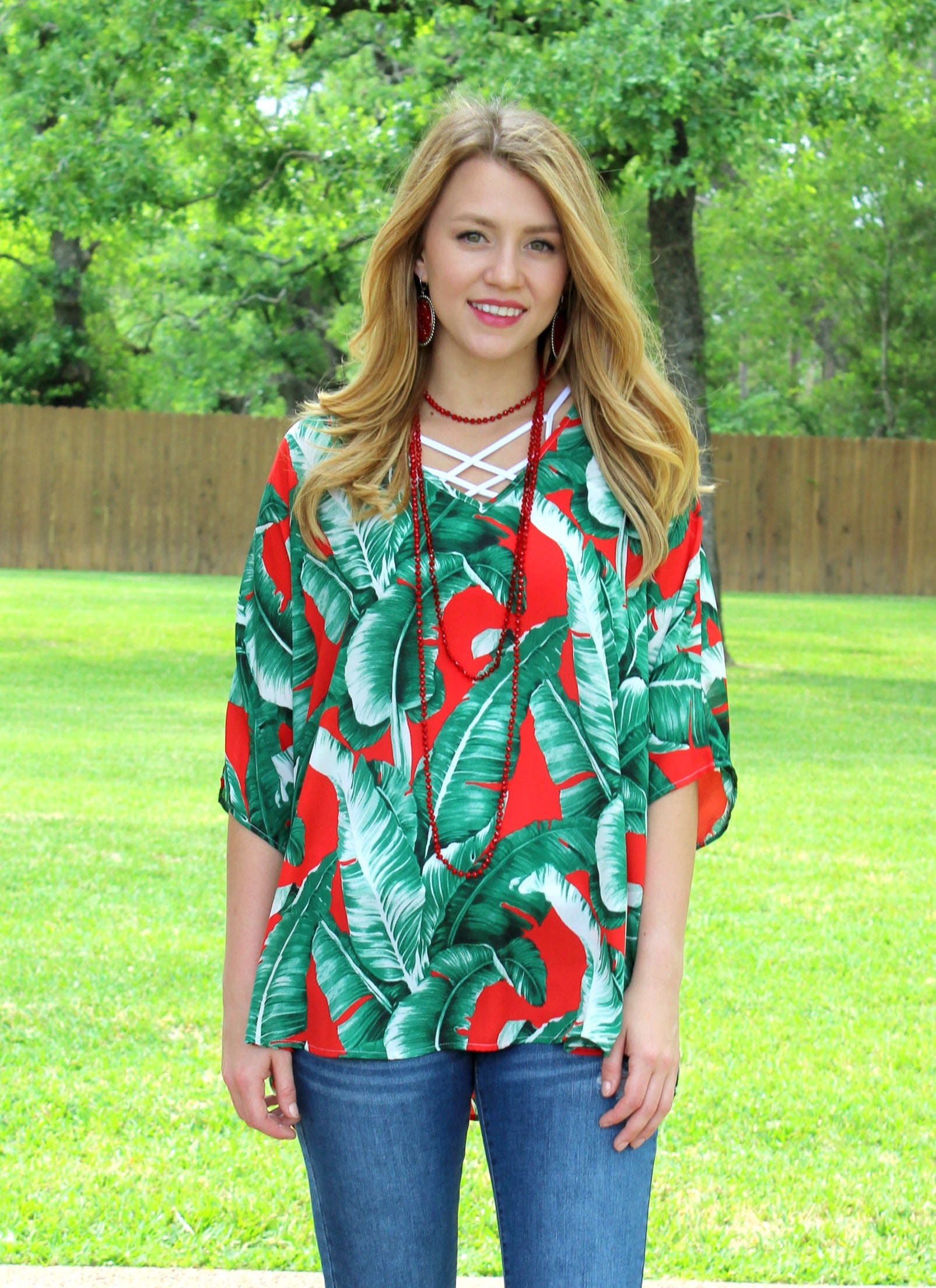 Last Chance Size Small | On The Line Palm Leaf Print Oversized Poncho Top in Red