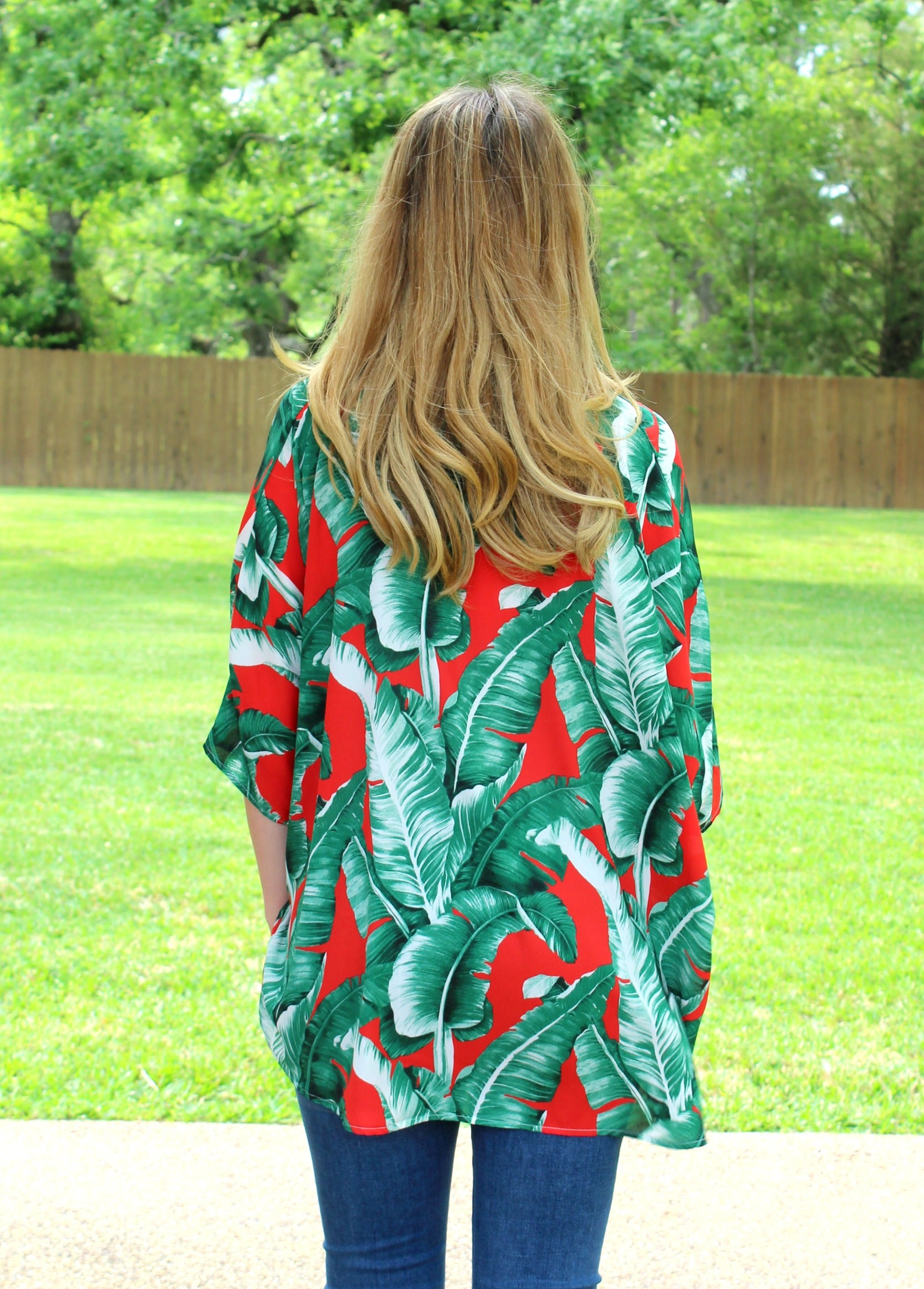 Last Chance Size Small | On The Line Palm Leaf Print Oversized Poncho Top in Red