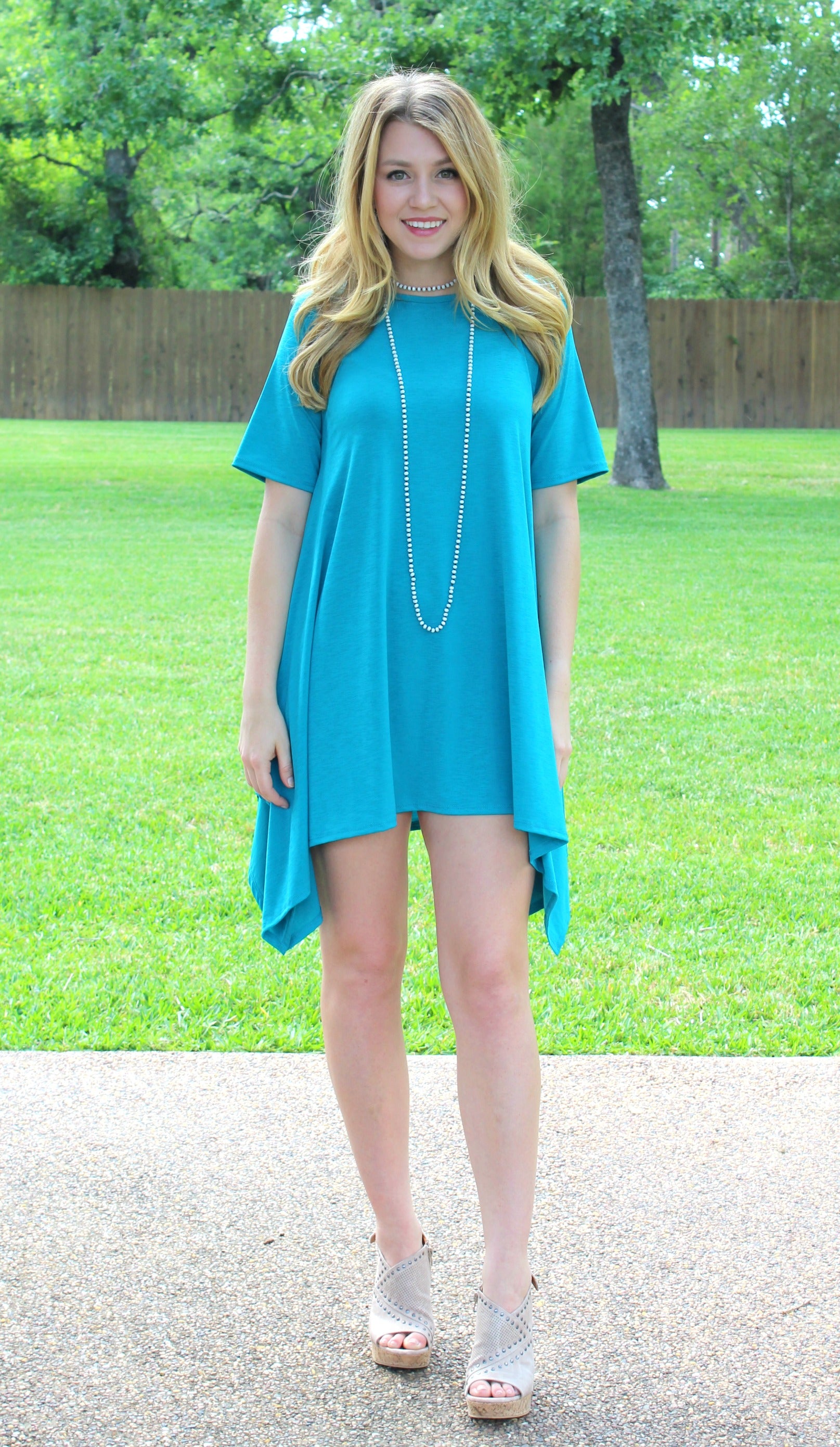 Last Chance Size Small & Medium | Not A Doubt Asymmetrical Hemline Tunic in Turquoise - Giddy Up Glamour Boutique