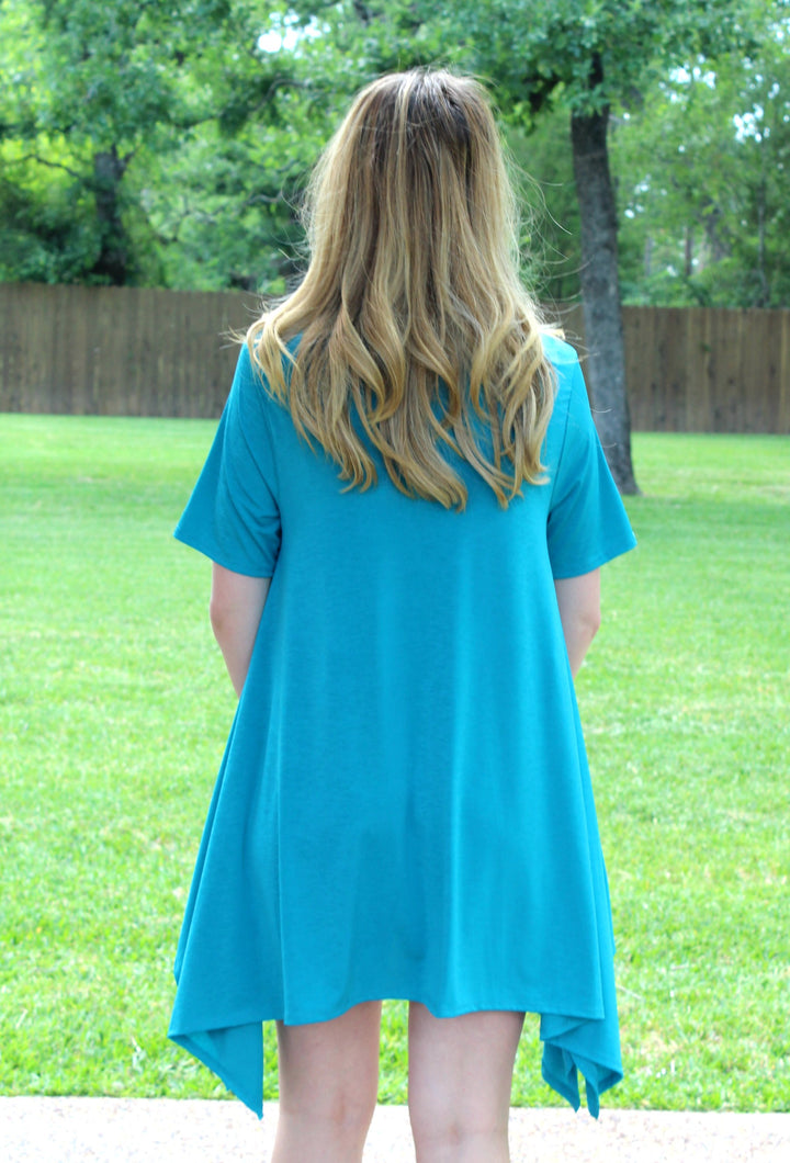 Last Chance Size Small & Medium | Not A Doubt Asymmetrical Hemline Tunic in Turquoise - Giddy Up Glamour Boutique