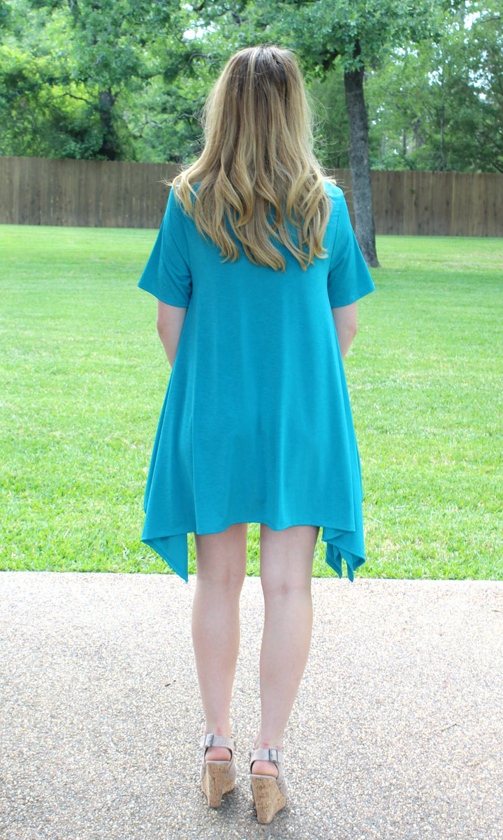 Last Chance Size Small & Medium | Not A Doubt Asymmetrical Hemline Tunic in Turquoise - Giddy Up Glamour Boutique