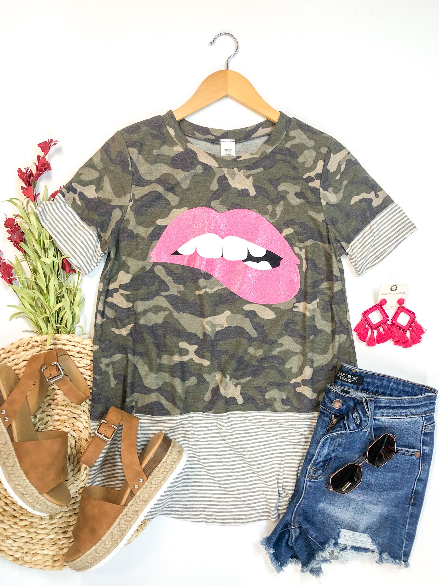 Last Chance Size S & M | Oh So Worth It Pink Lip Graphic Tee with Striped Detailing in Camouflage - Giddy Up Glamour Boutique