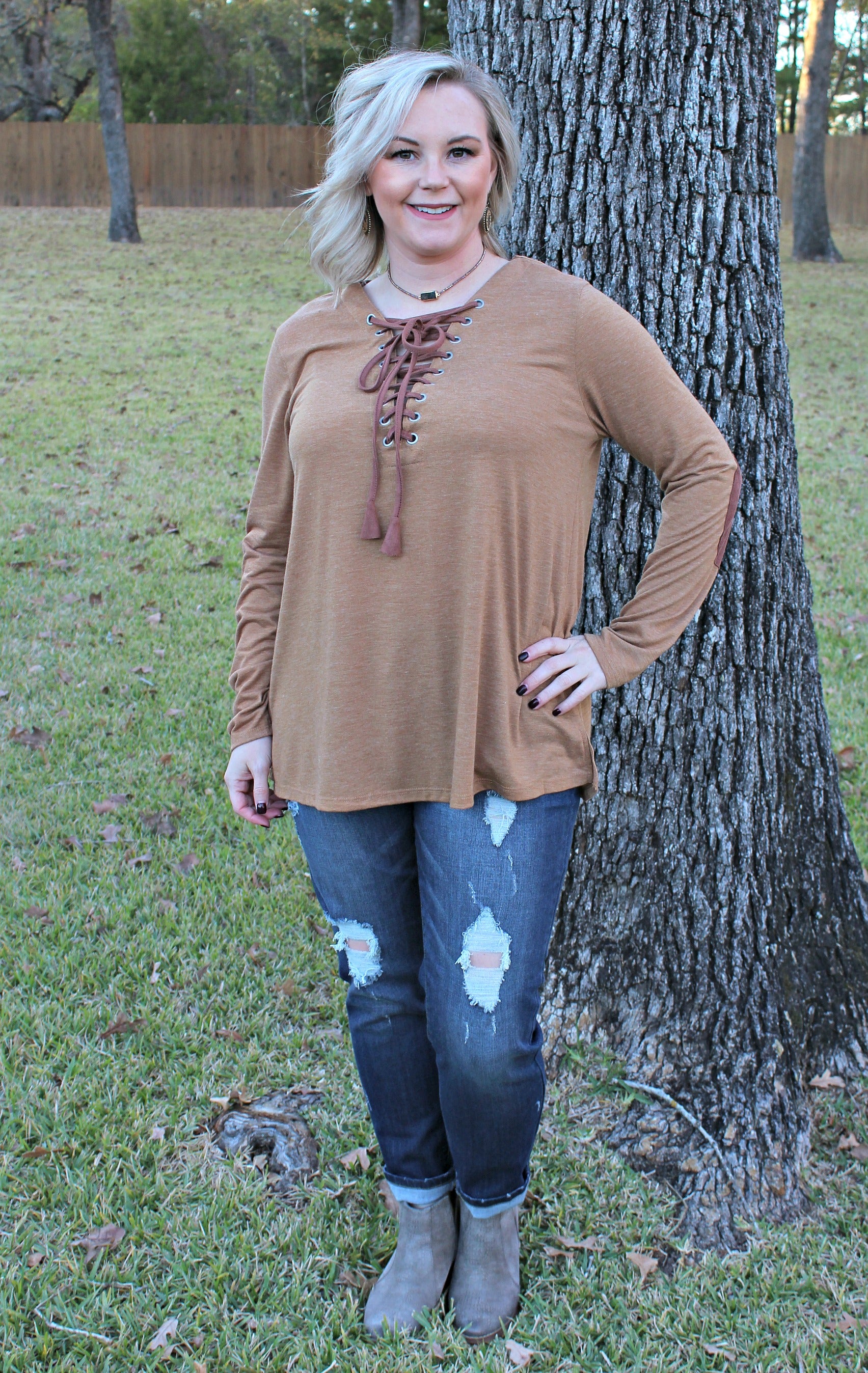 Last Chance Size Small | Let's Patch It Up Long Sleeve Top with Elbow Patches and Drawstring Neckline in Brown