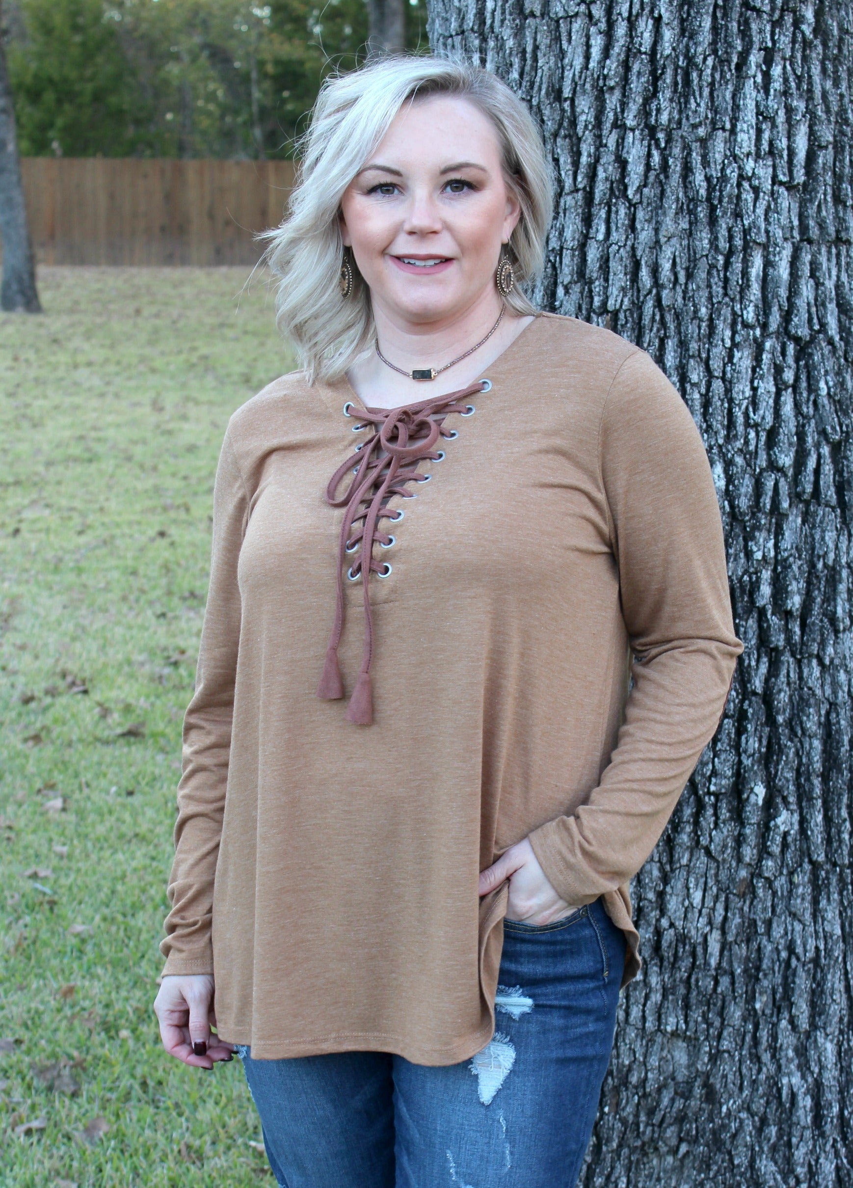 Last Chance Size Small | Let's Patch It Up Long Sleeve Top with Elbow Patches and Drawstring Neckline in Brown - Giddy Up Glamour Boutique