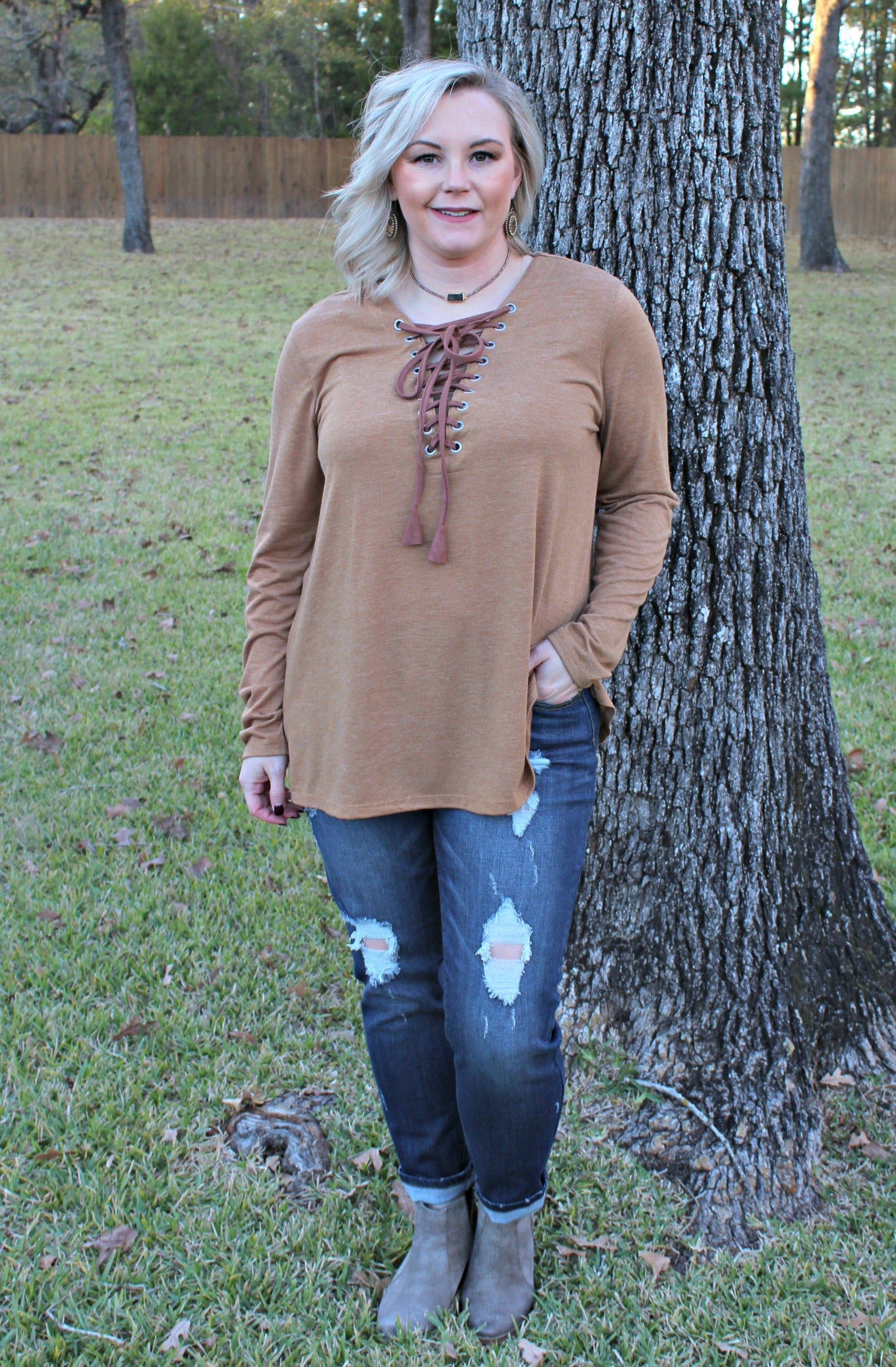 Last Chance Size Small | Let's Patch It Up Long Sleeve Top with Elbow Patches and Drawstring Neckline in Brown