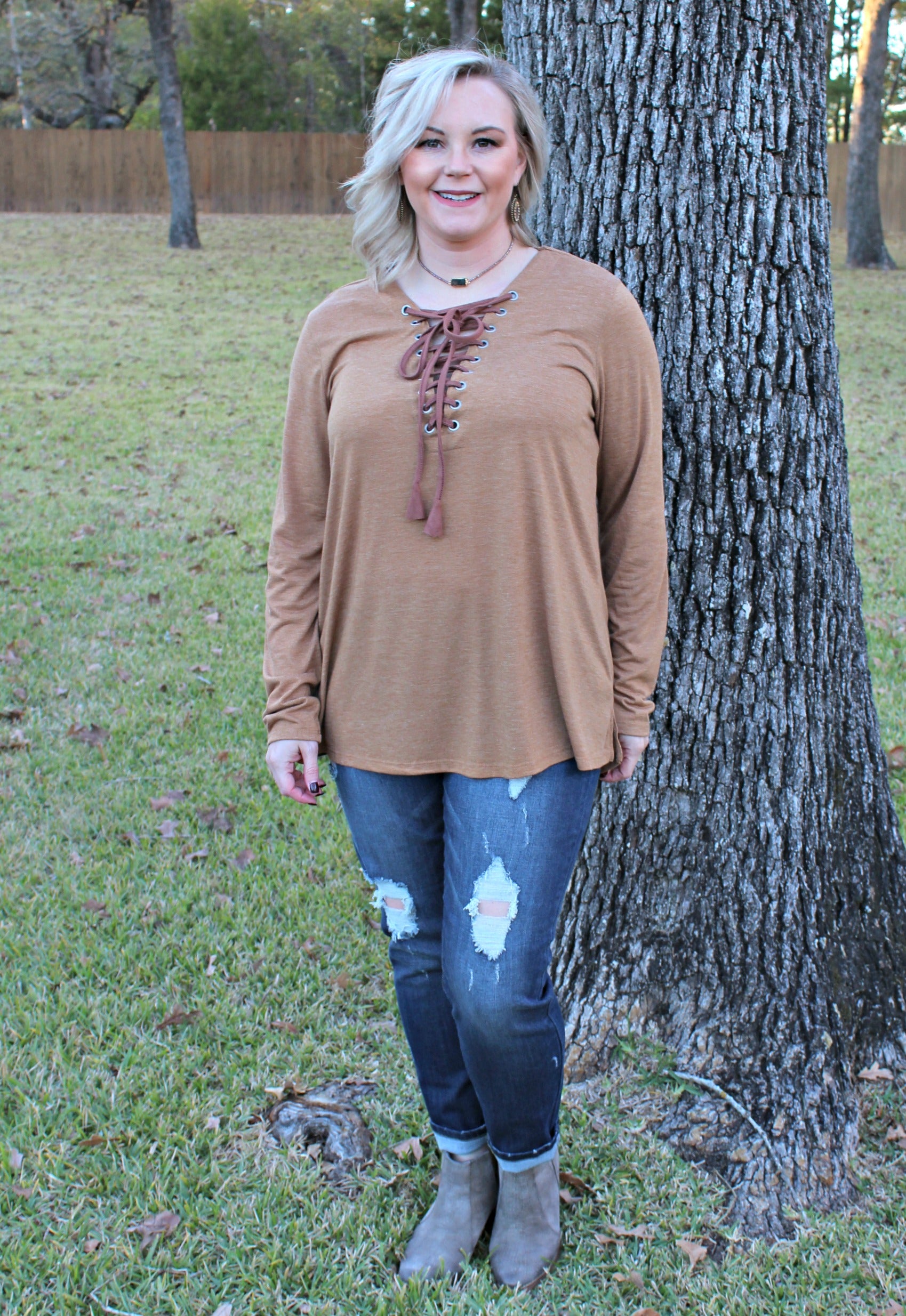 Last Chance Size Small | Let's Patch It Up Long Sleeve Top with Elbow Patches and Drawstring Neckline in Brown - Giddy Up Glamour Boutique