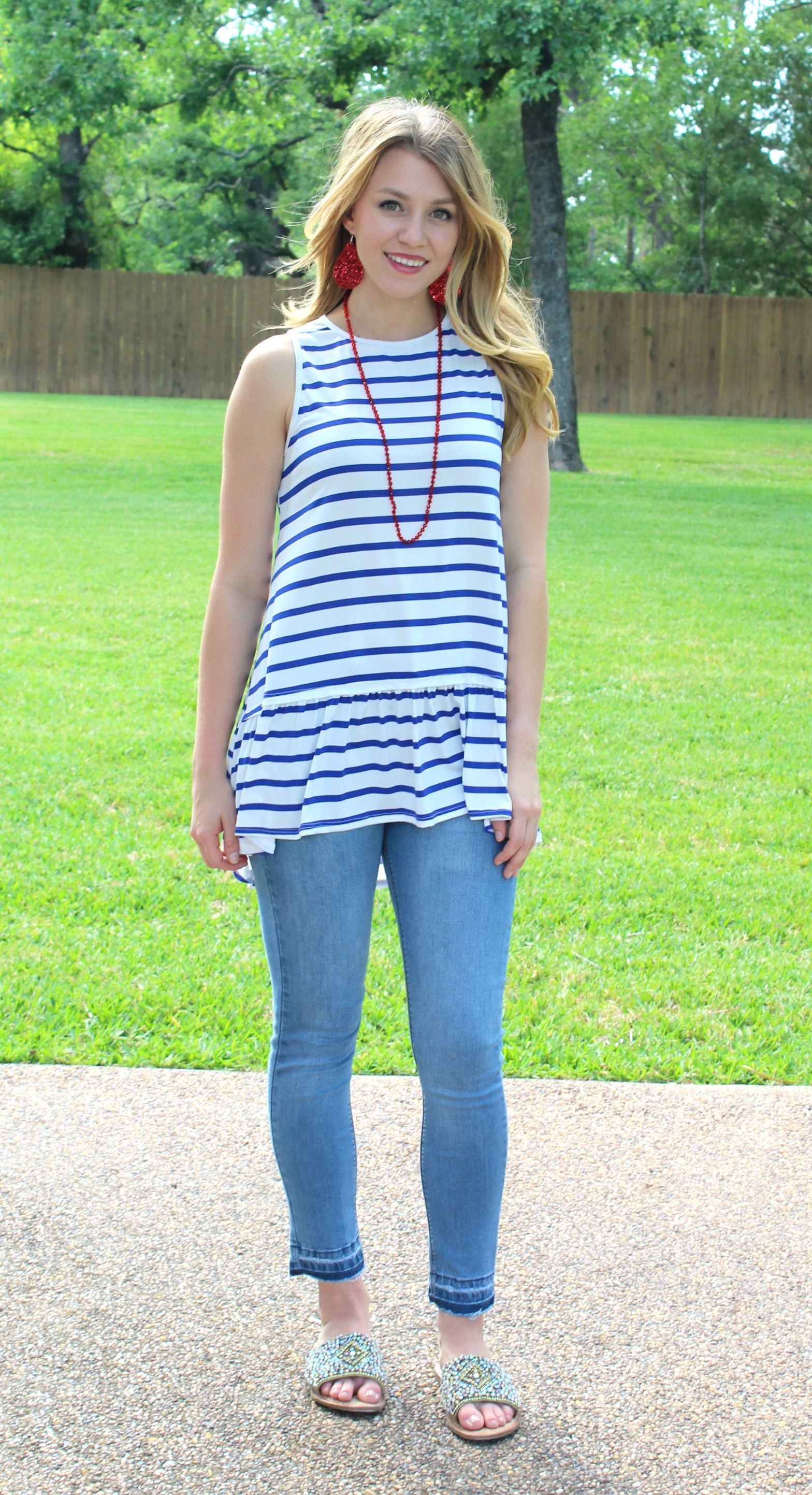 Last Chance Size Small | The One and Only Sleeveless Stripe Top with Ruffle in Blue - Giddy Up Glamour Boutique