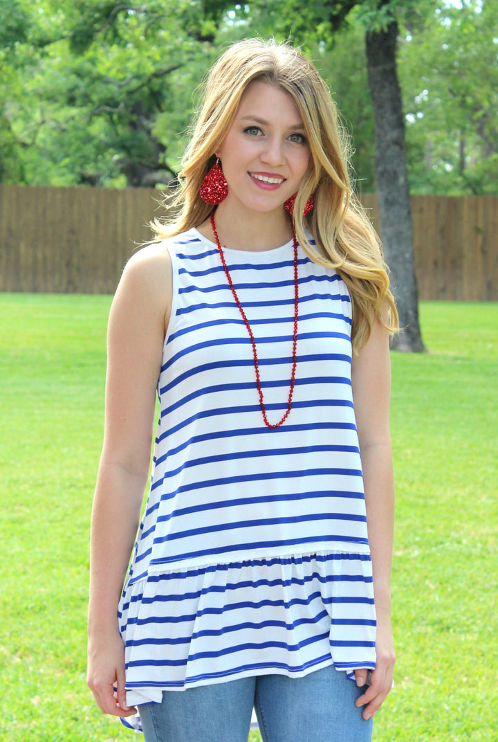 Last Chance Size Small | The One and Only Sleeveless Stripe Top with Ruffle in Blue - Giddy Up Glamour Boutique