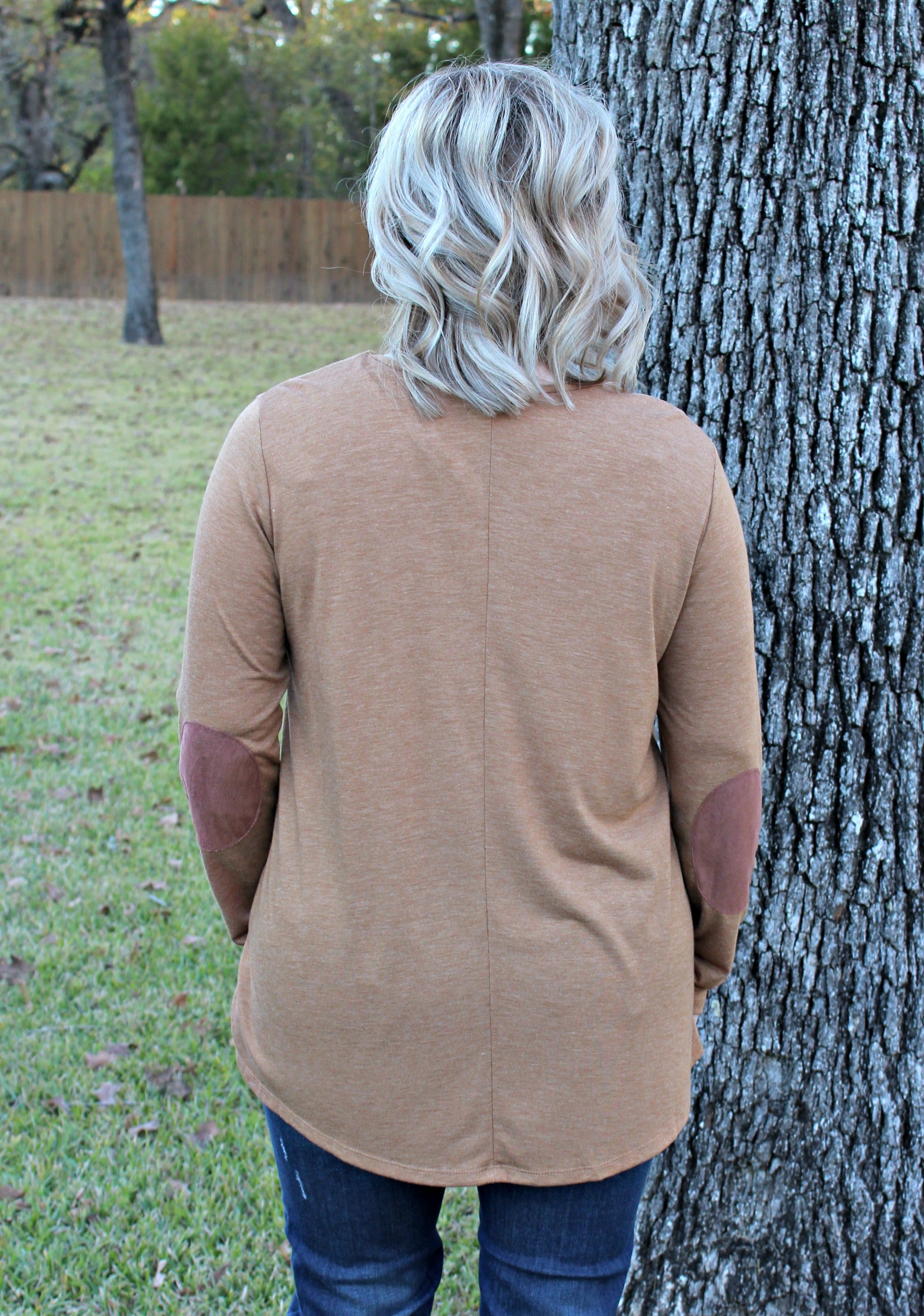 Last Chance Size Small | Let's Patch It Up Long Sleeve Top with Elbow Patches and Drawstring Neckline in Brown - Giddy Up Glamour Boutique