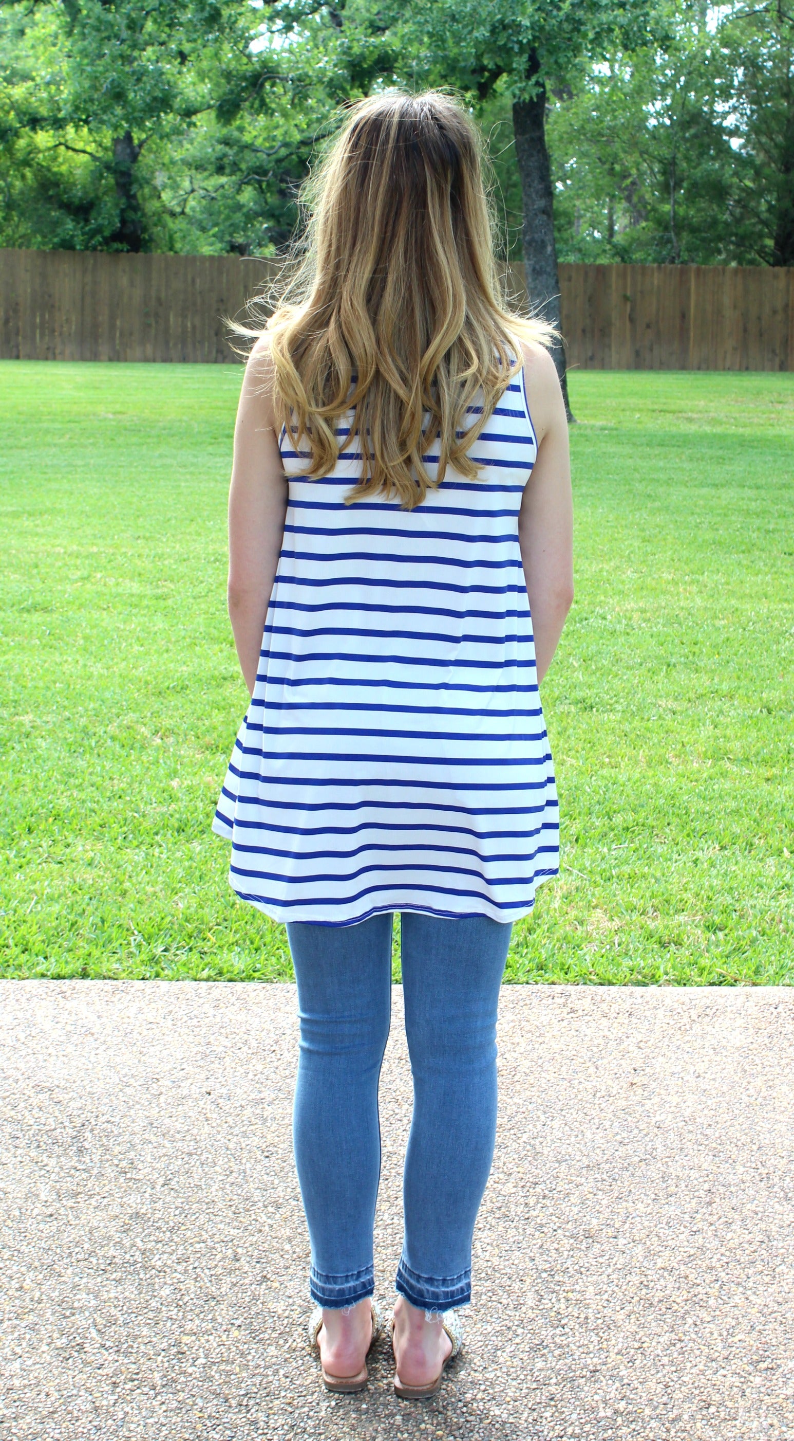 Last Chance Size Small | The One and Only Sleeveless Stripe Top with Ruffle in Blue - Giddy Up Glamour Boutique