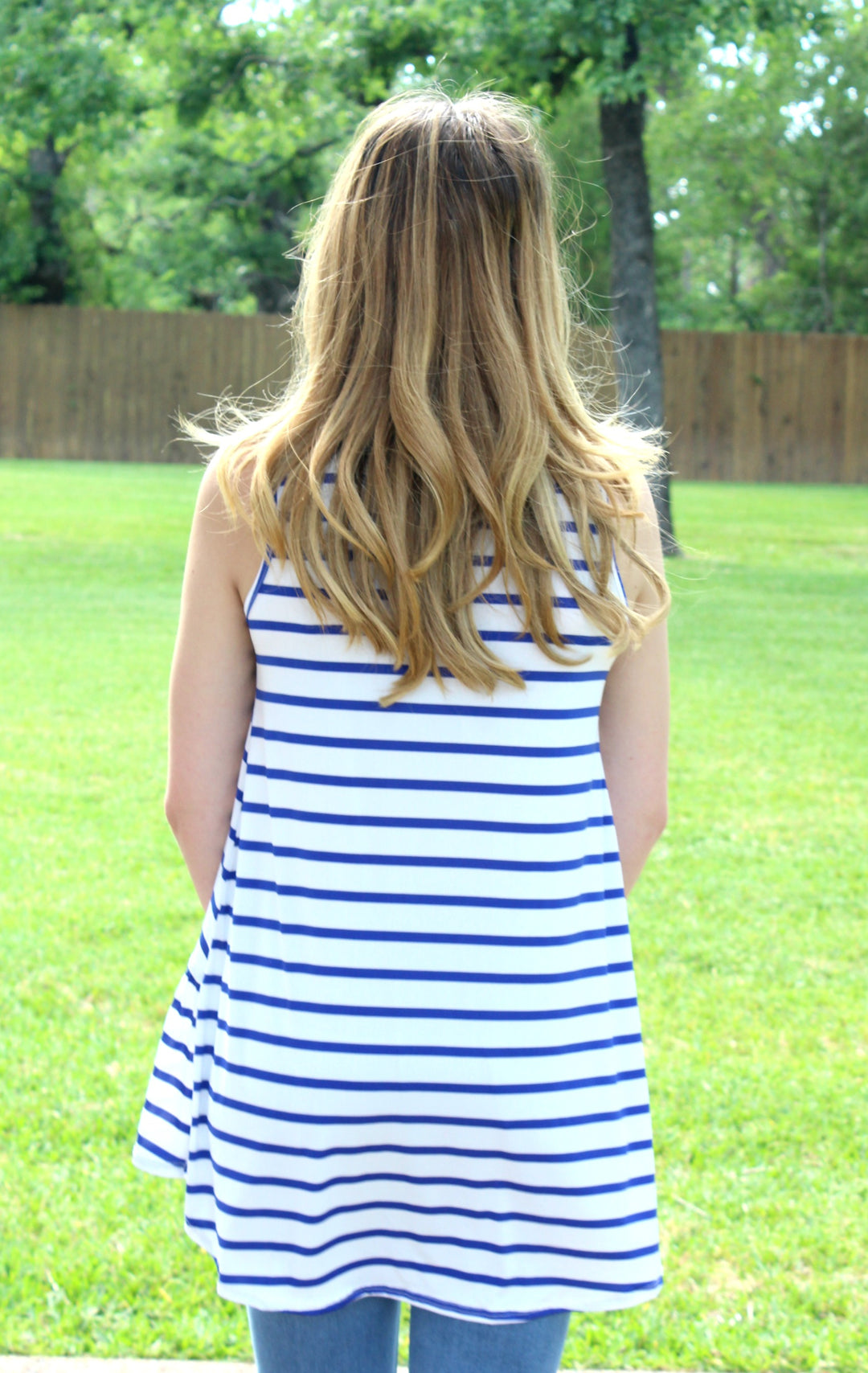 Last Chance Size Small | The One and Only Sleeveless Stripe Top with Ruffle in Blue - Giddy Up Glamour Boutique