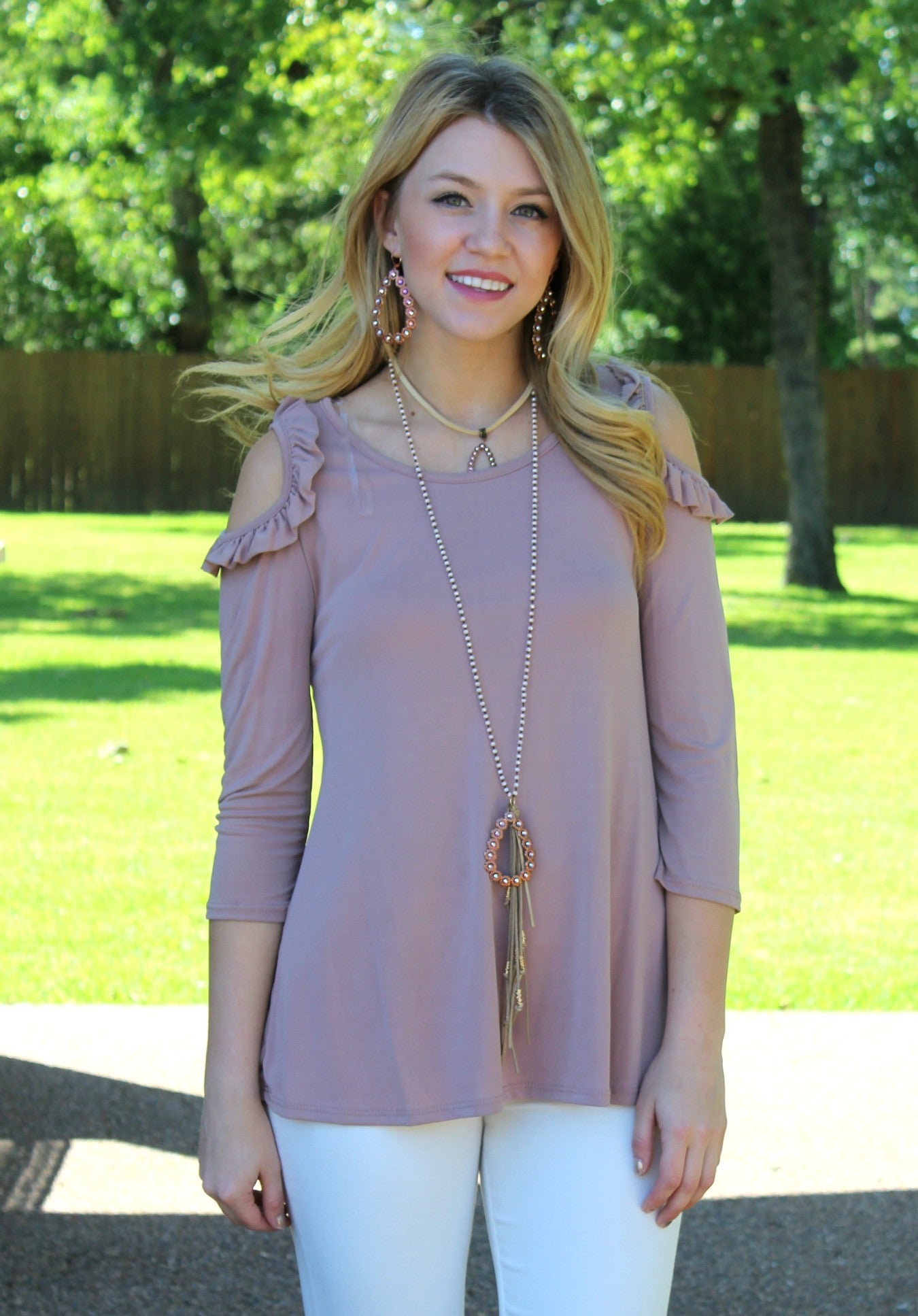 Last Chance Size Large | Just the Beginning Cold Shoulder Top in Dusty Rose - Giddy Up Glamour Boutique