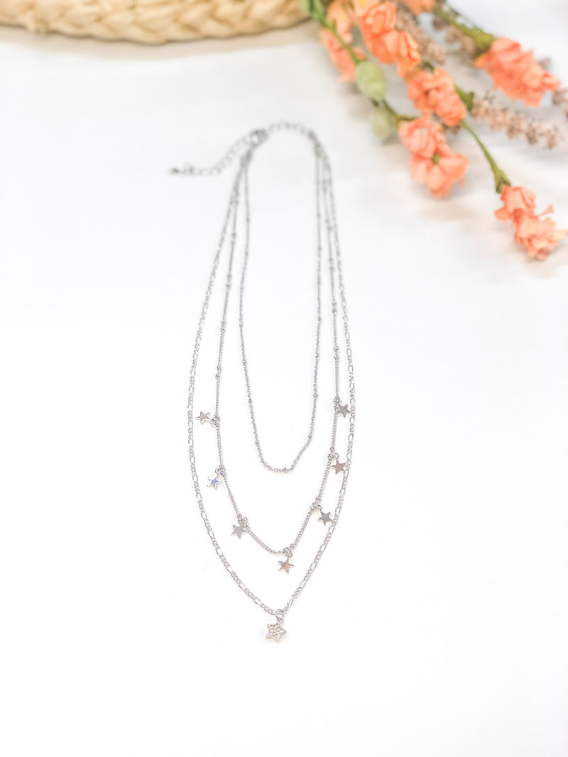 Cosmic Vibes Three Strand Necklace with Stars in Silver