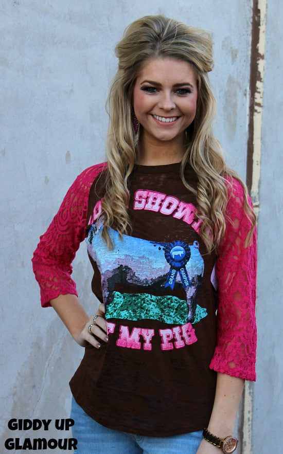 Love Showin' Off My Pig Brown Baseball Tee with Pink Sleeves - Giddy Up Glamour Boutique