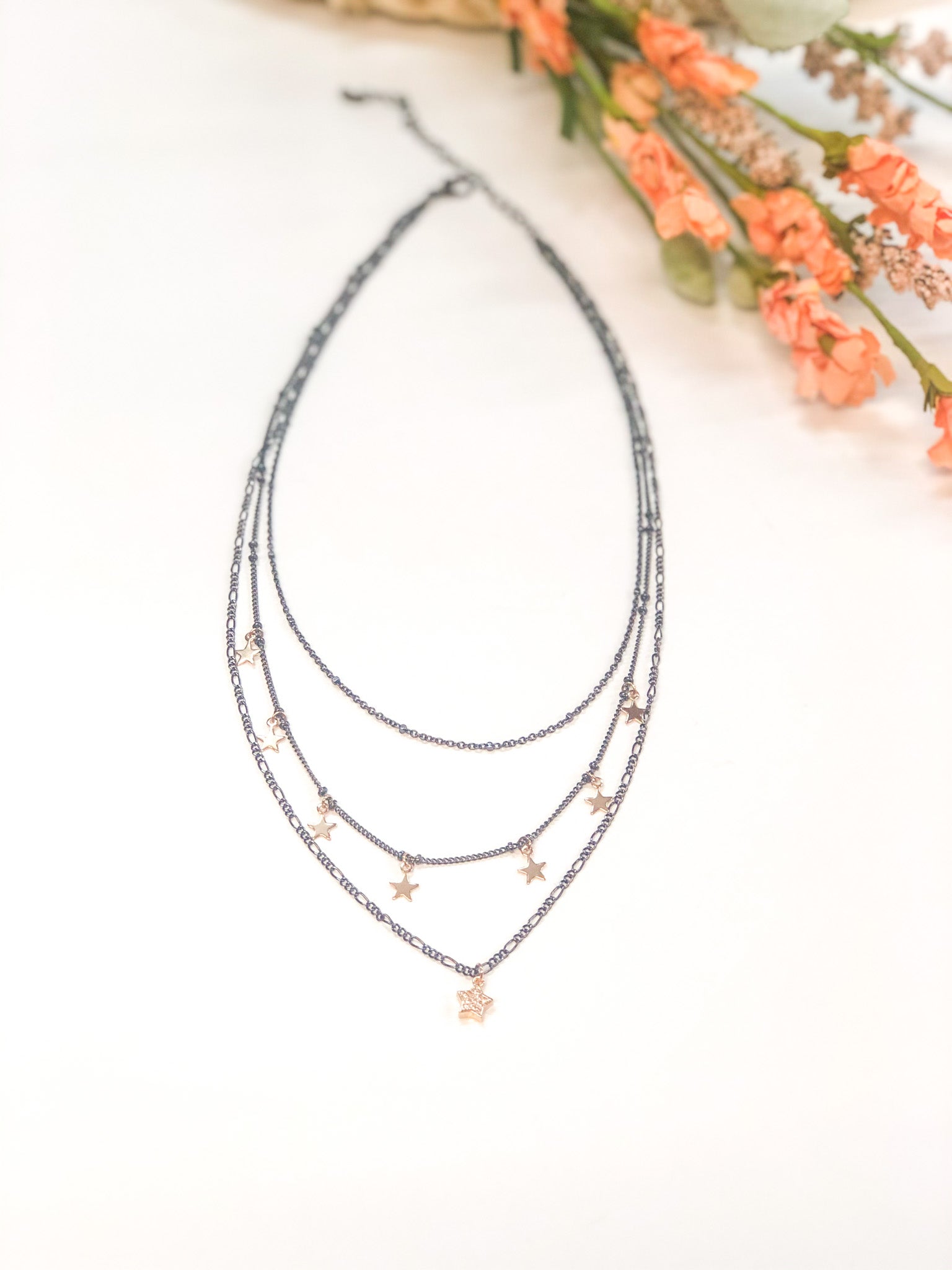 Cosmic Vibes Three Strand Necklace with Stars in Gunmetal and Gold - Giddy Up Glamour Boutique