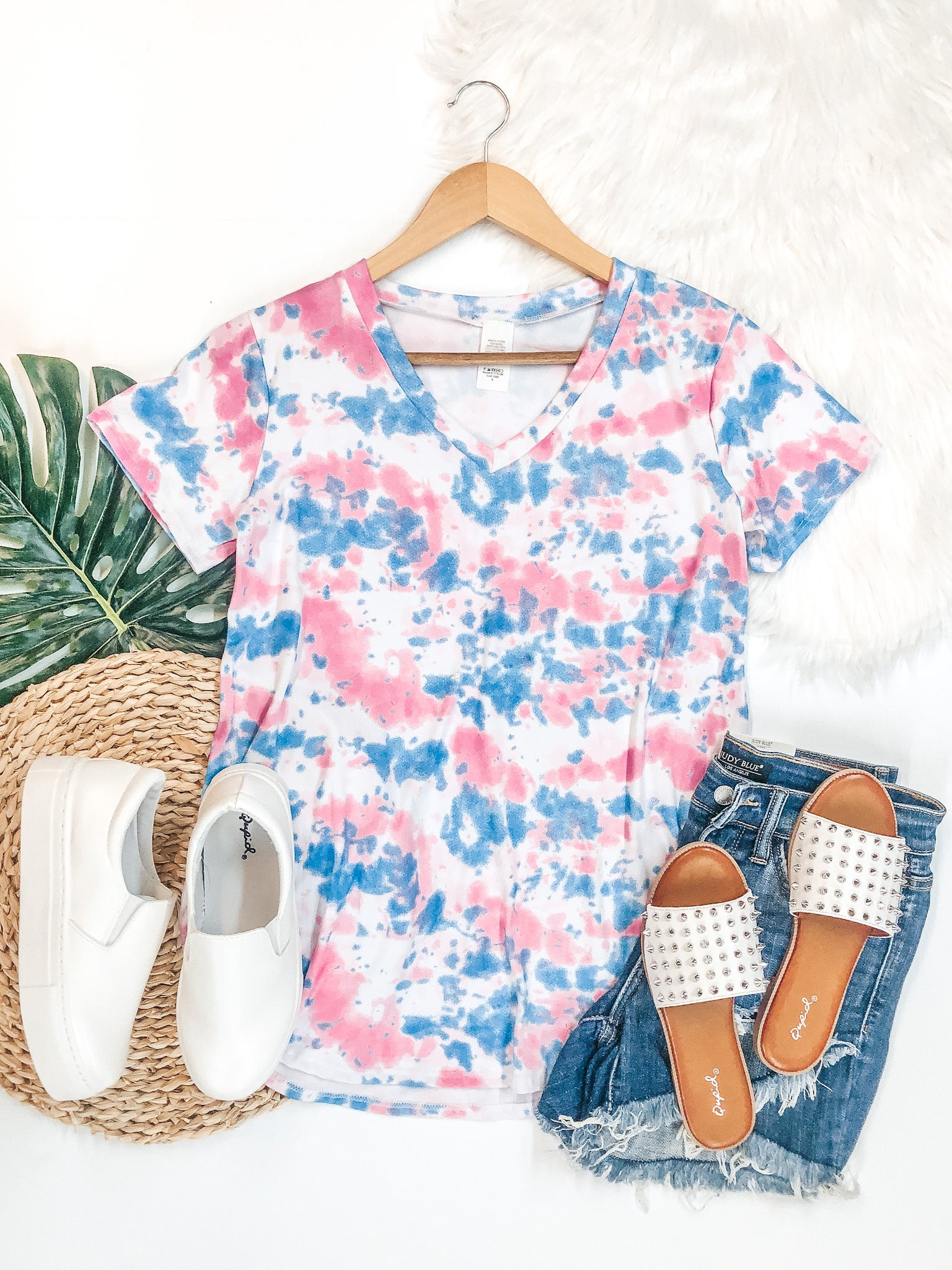 Last Chance Size Small & Med. | Simple Does It Tie Dye Short Sleeve V Neck Tee in Pink and Blue - Giddy Up Glamour Boutique