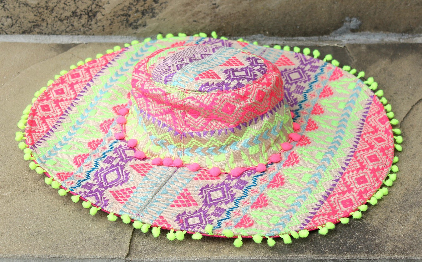 The Kennedi Hat - Neon Pink and Yellow Floppy Hat with Pom Trim - Giddy Up Glamour Boutique